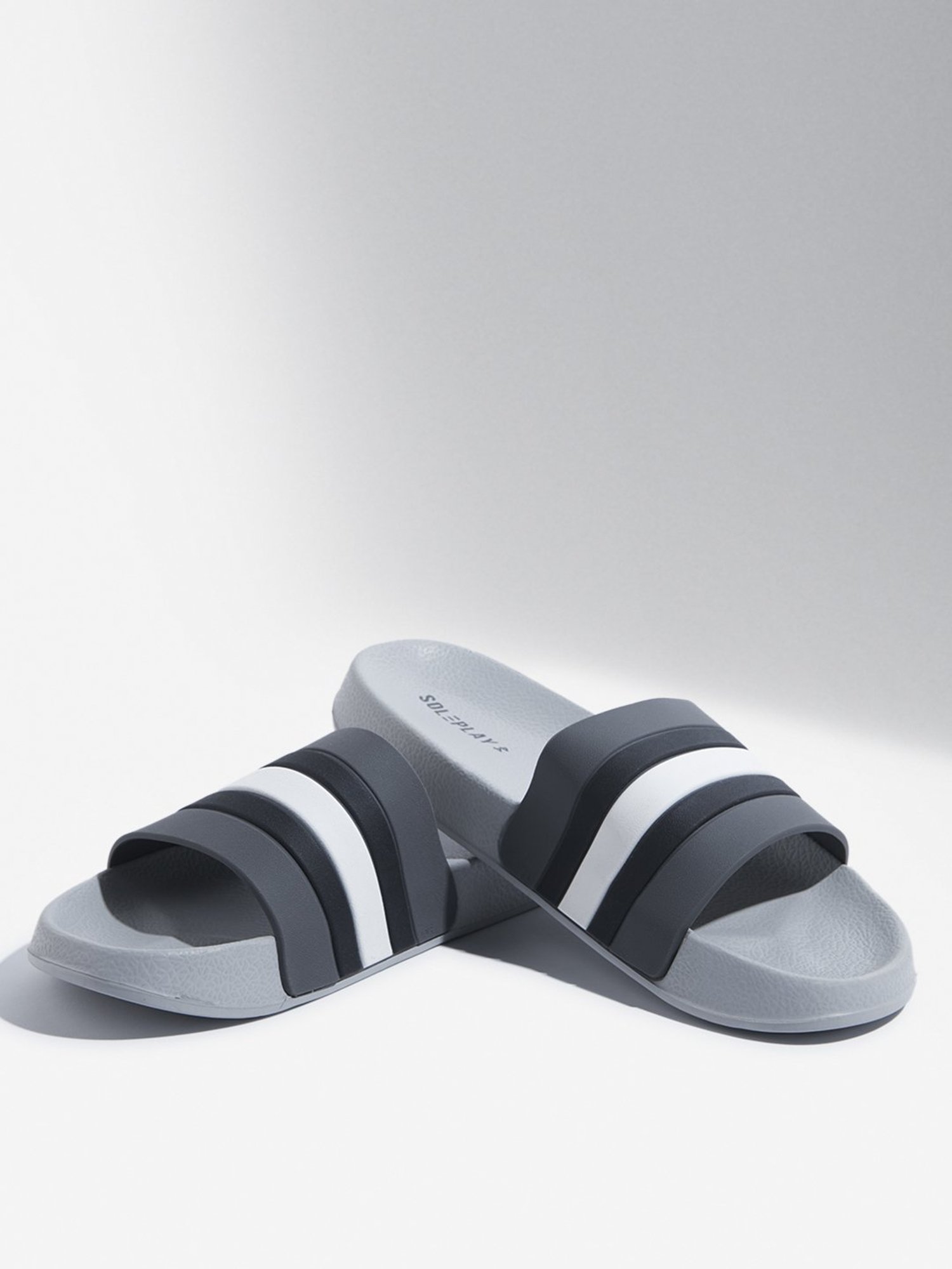 SOLEPLAY by Westside Grey Striped Design Pool Slides