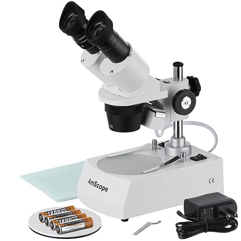 SE305RPLED ForwardMounted Binocular Stereo Microscope WF10x Eyepieces 10X and 30X Magnification 1X and 3X Objectives Upper and Lower LED Lighting Reversible BlackWhite Stage Plate Pillar Stand 120V o