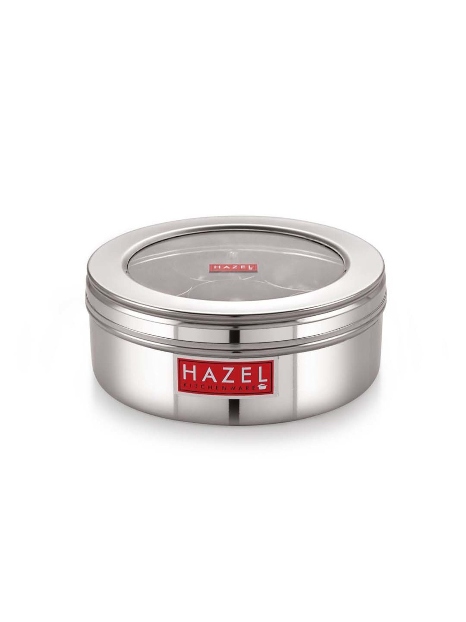 HAZEL Silver Stainless Steel See Through Masala Container Box With 7 Wati & Spoon (1.6 L)