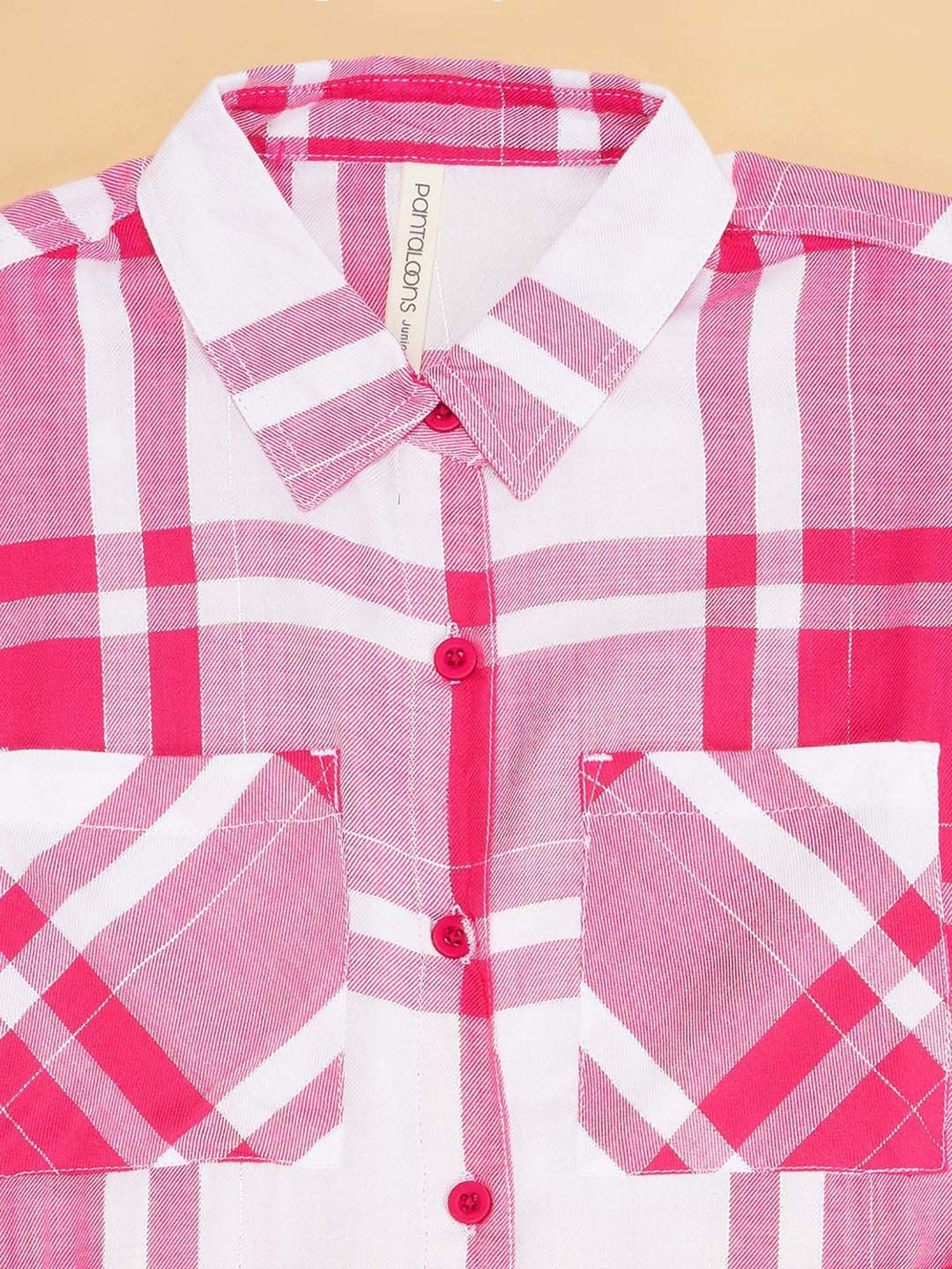 Pantaloons Junior Pink & White Cotton Chequered Dress