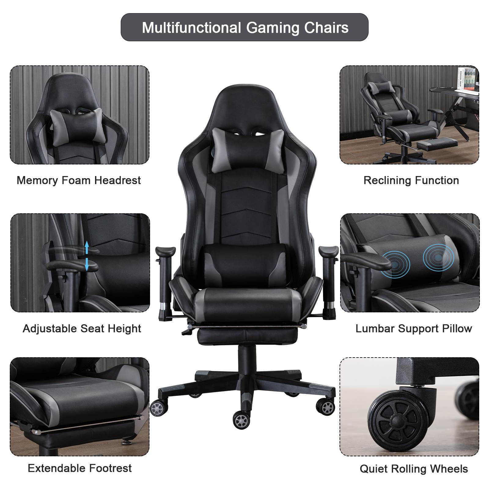 Massage Video Gaming Chair with Footrest Headrest, High Back PU Leather Ergonomic Swivel Computer Desk Chairs for Adults, Racing Style Game Chair