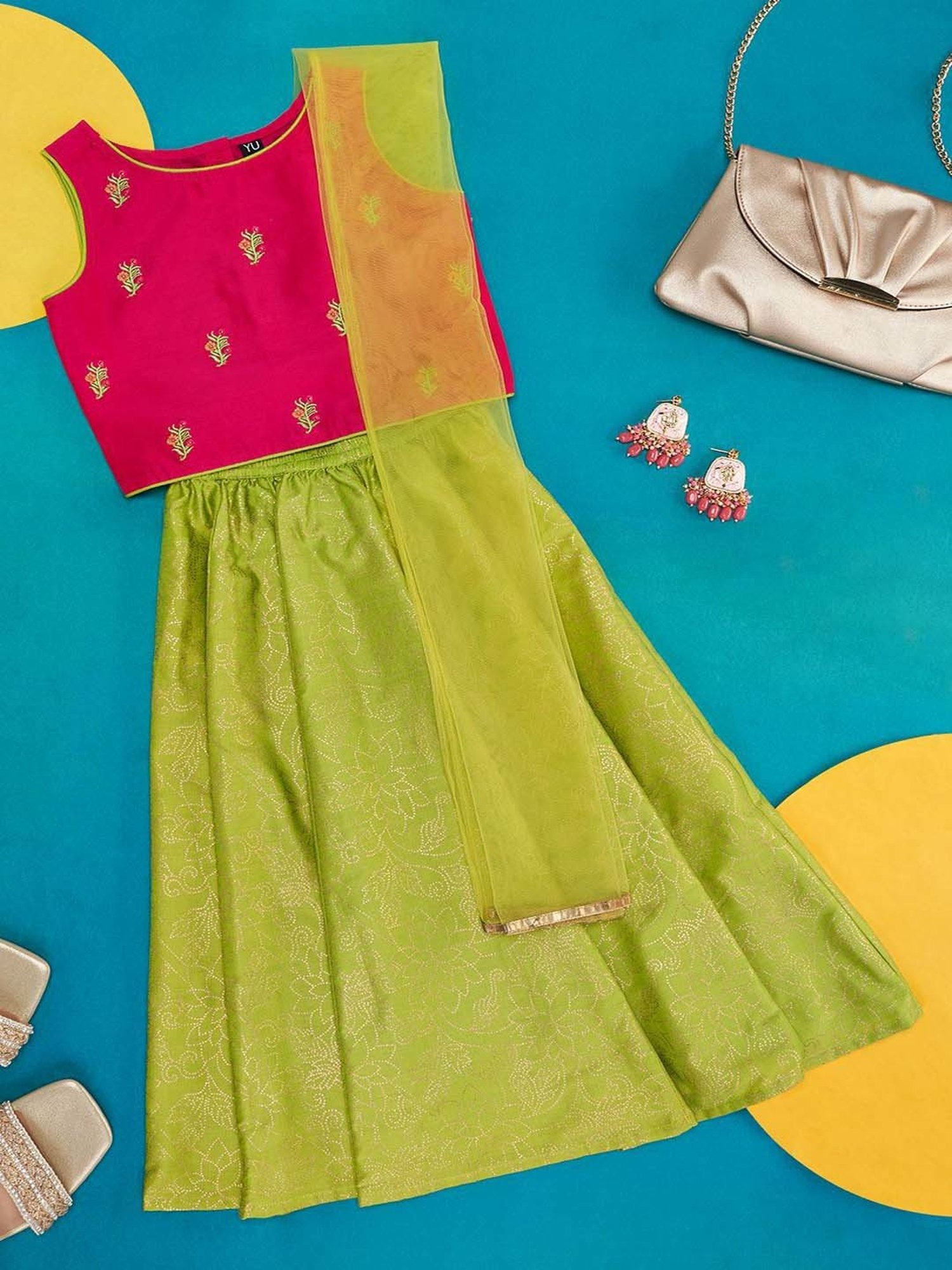 YU by Pantaloons Kids Pink & Lime Green Embroidered Lehenga Cholis