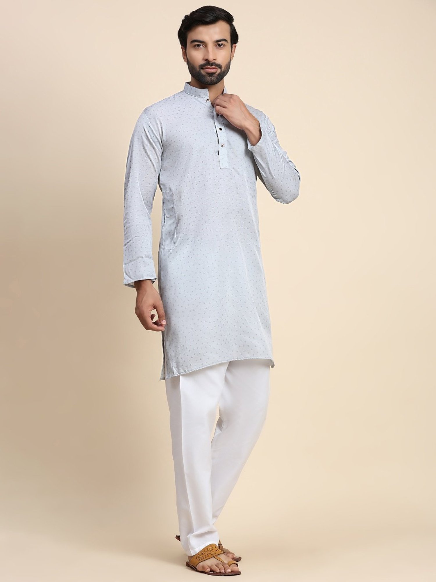 Pro-Ethic Style Developer Grey & White Cotton Regular Fit Printed Kurta Bottom Set