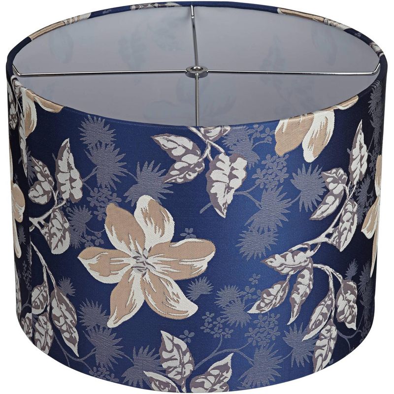 Springcrest Blue Leaves Print Medium Drum Lamp Shade 15" Top x 15" Bottom x 11" High (Spider) Replacement with Harp and Finial