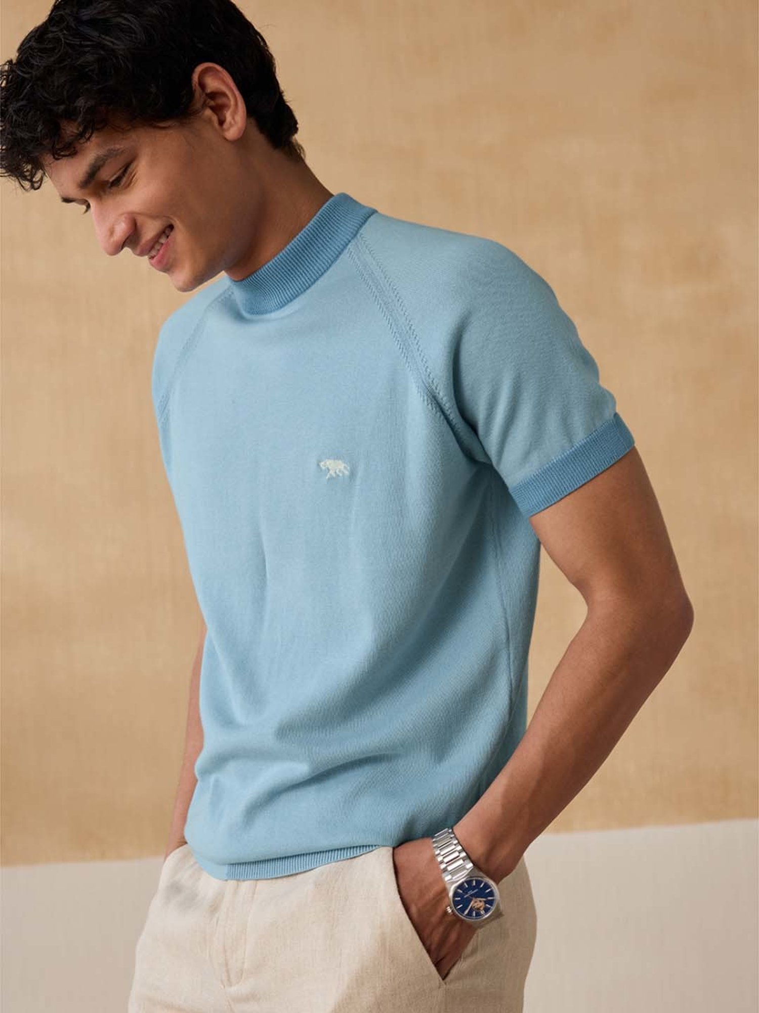 Andamen Blue Cotton Regular Fit T-Shirt