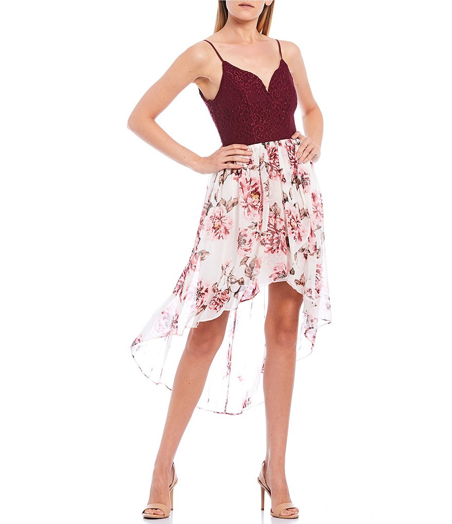 City Vibe Spaghetti Strap Lace Bodice Floral High-Low Dress