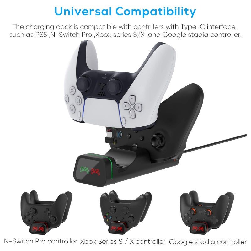 Dual Controller Charger for PS5/ Xbox Series S&X/ Nintendo Switch /Xbox Elite 2/ Google Controllers, Multifunctional Controller Charging Station for PlayStation5 Dualsense, Dual USB Fast Charging Dock