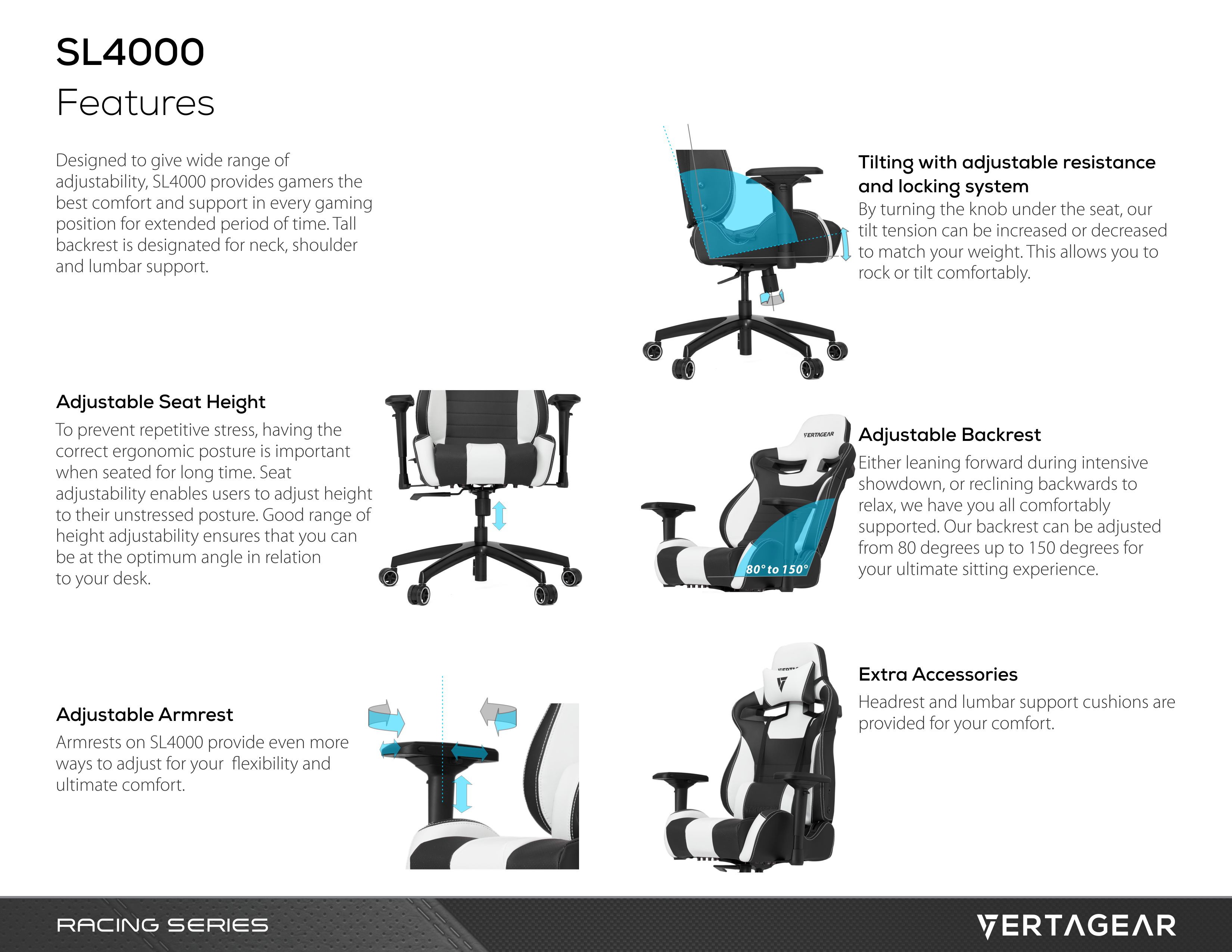 Vertagear S-Line SL4000 Racing Series Gaming Office Chair - Black/Blue (Rev. 2)