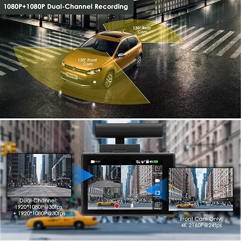 Dual Dash Cam 4K Front and Rear Car Camera 1080P+1080P, 3" OLED Touch Screen WiFi GPS Night Mode 150&deg;, Parking Mode, Time Lapse, WDR, G-Sensor, Loop Recording for Cars, Trucks