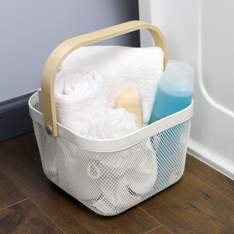 Home Basics Mesh Wire Basket with Wood Handle, Ivory