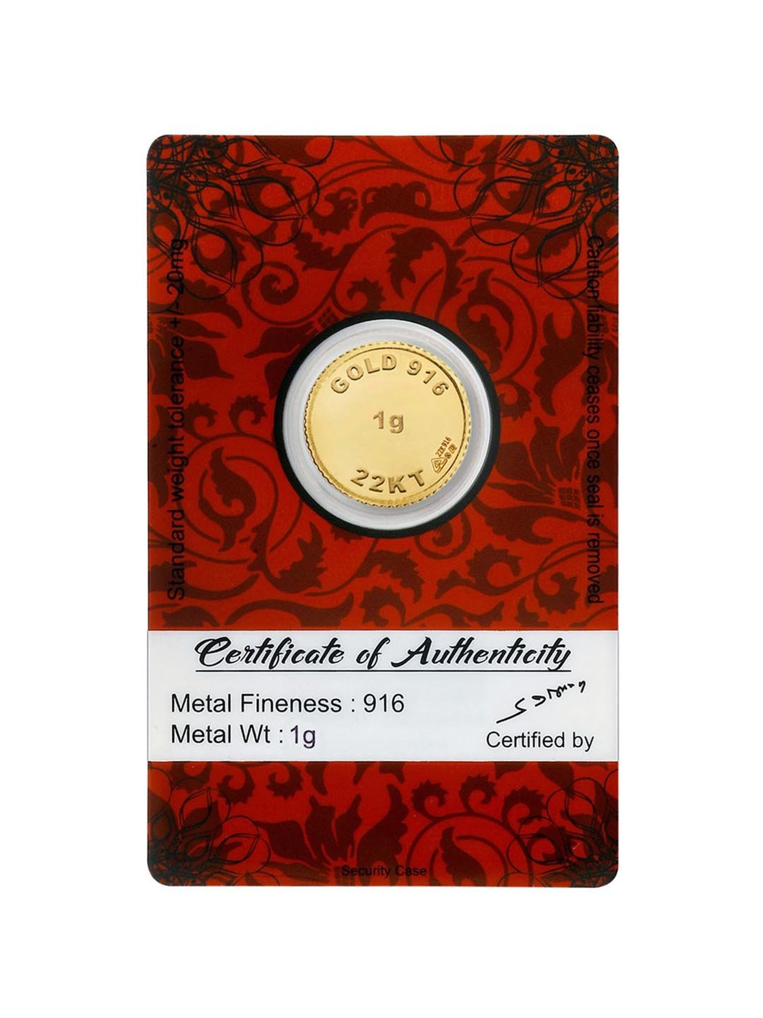 Bangalore Refinery 22k (916) 1gm Gold Coin