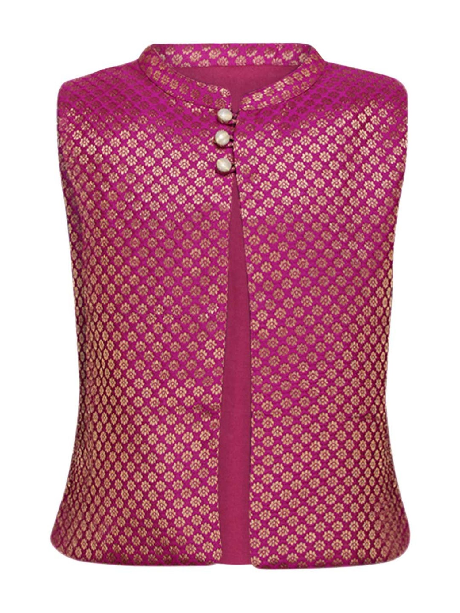 A Little Fable Kids Fuchsia & Golden Self Pattern Waistcoat