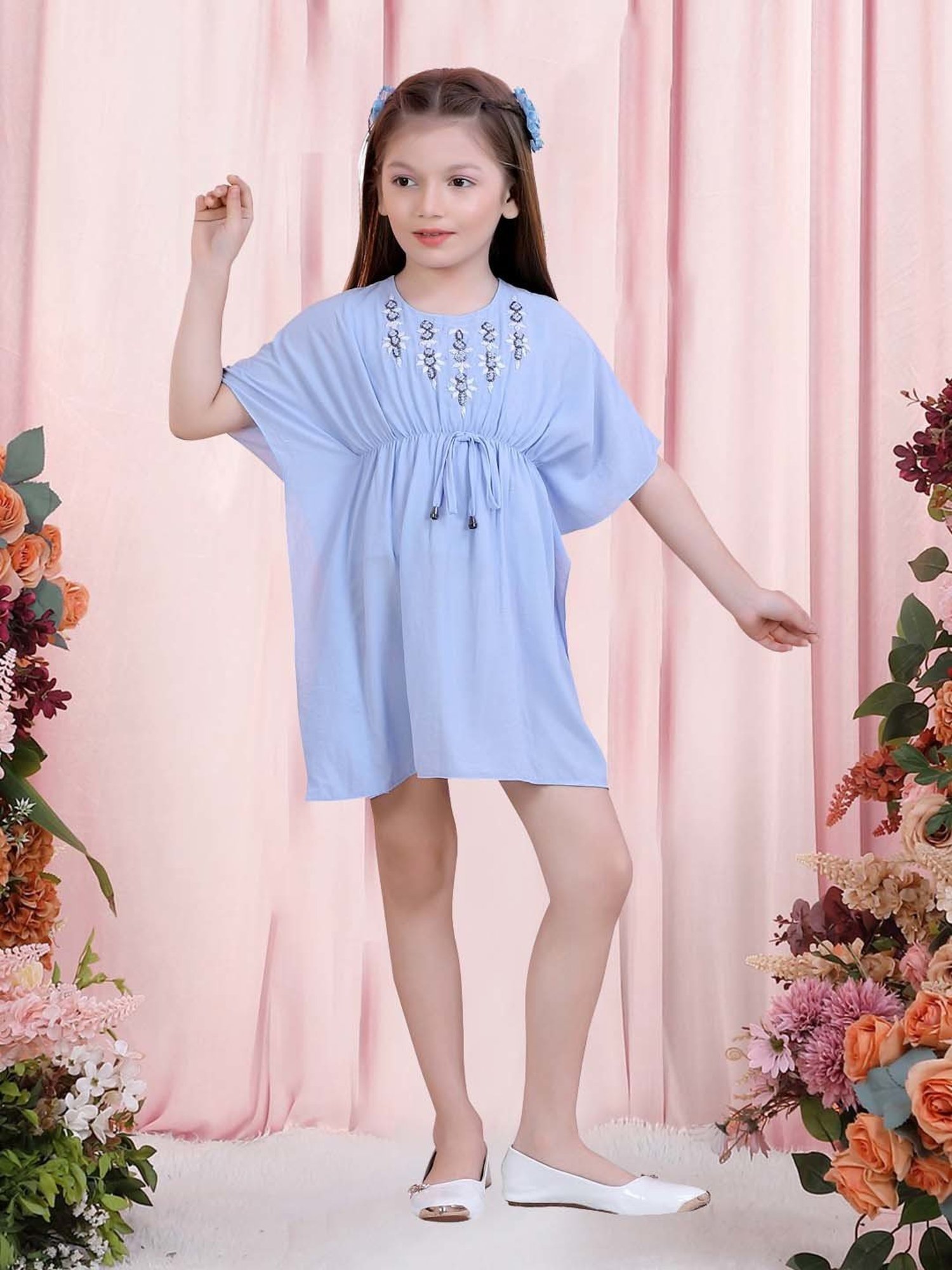poplins Kids Blue Cotton Embroidered Dress