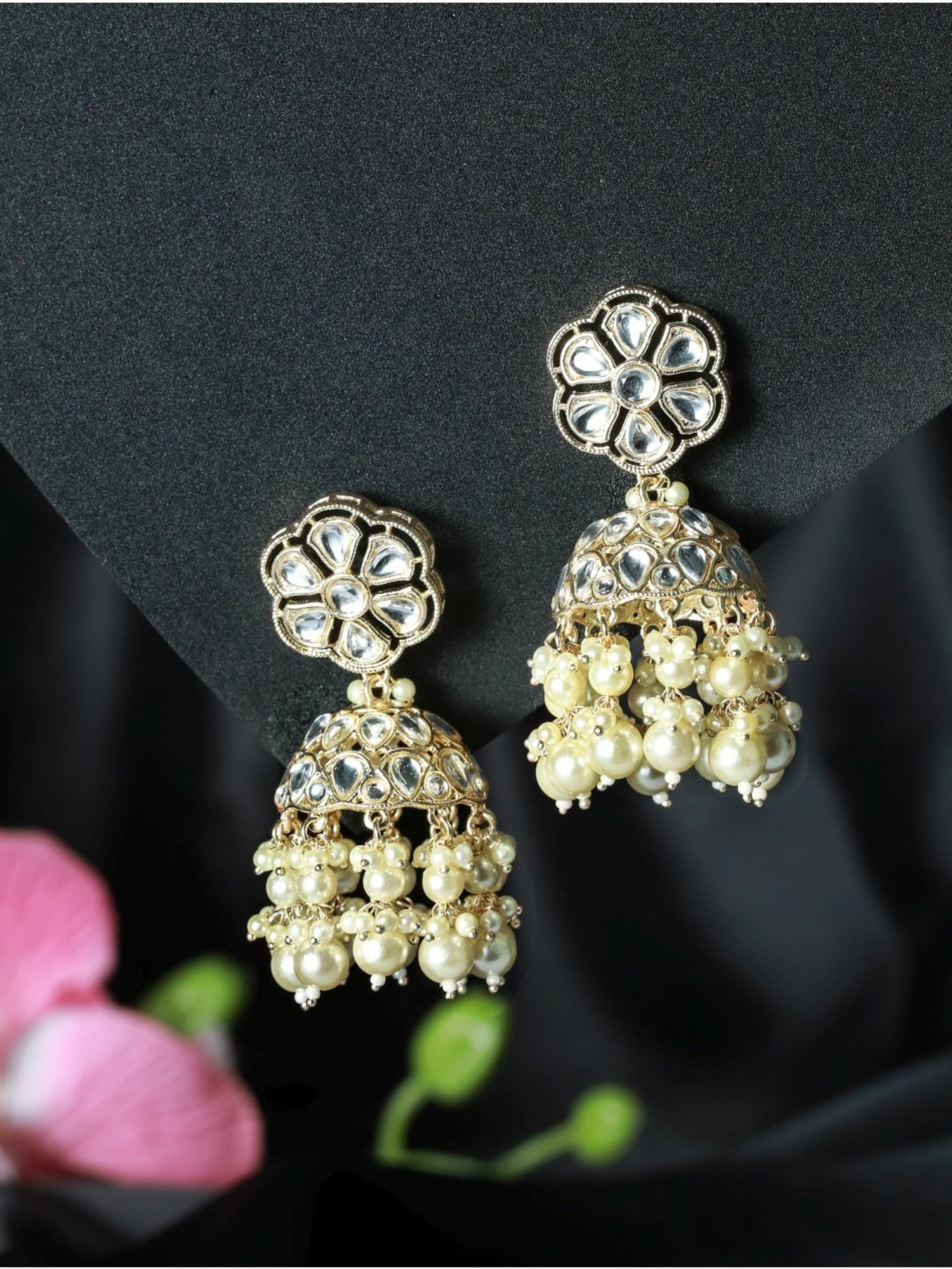 Aatmana Kundan Studded & Beaded Contemporary White Jhumki Earrings for Women