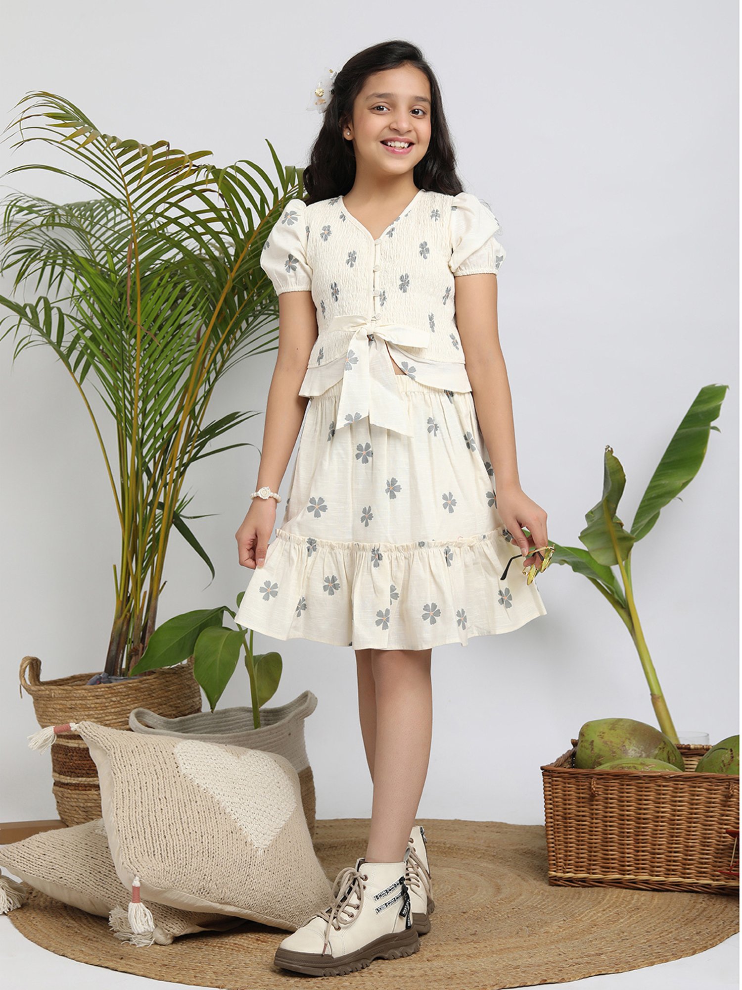 Budding Bees Kids Cream Floral Print Top with Skirt