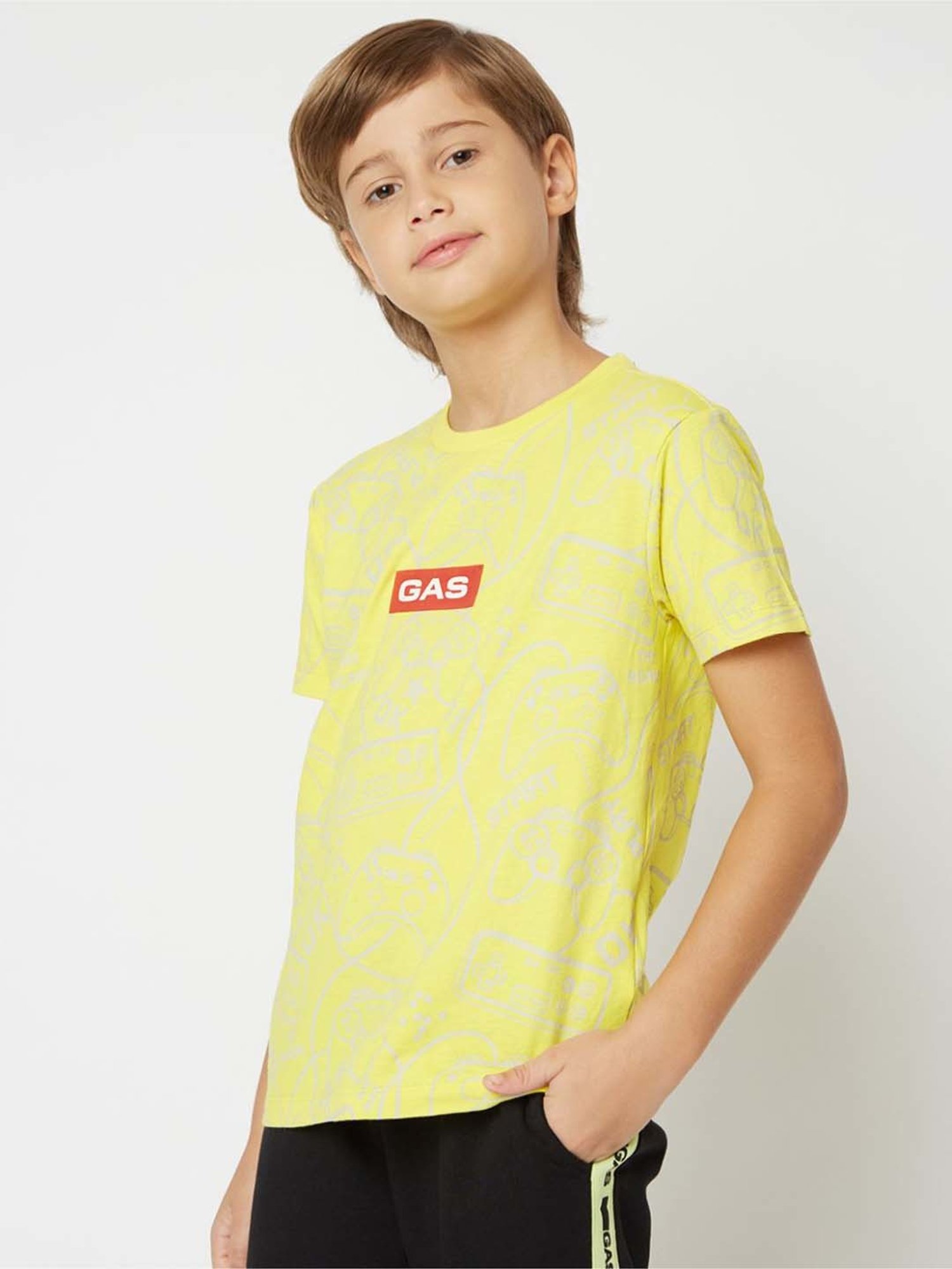 Gas Kids Vibrant Yellow Cotton Printed T-Shirt