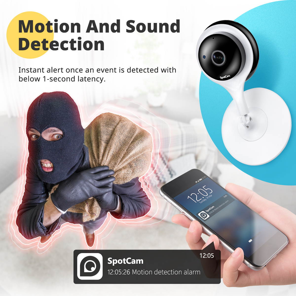 SpotCam Pano Wireless Home Security Camera, 1080P HD, 180-degree Panoramic View, Indoor, Night Vision, Two-Way Talk, Motion & Sound Alert, Alarm Siren, Free Fulltime Continuous Cloud Recording