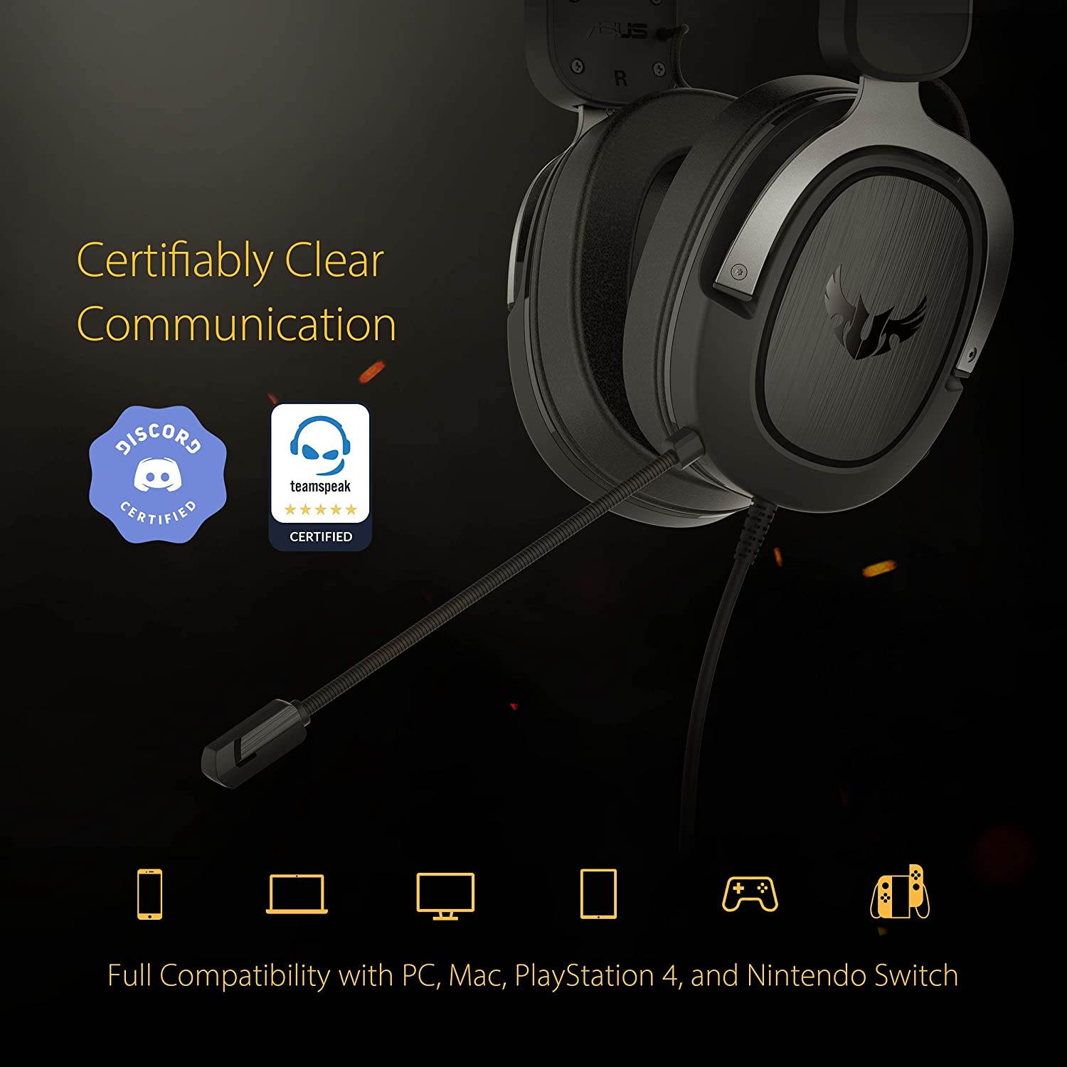 ASUS TUF H3 Gaming Headset H3 &ndash; Discord, TeamSpeak Certified |7.1 Surround Sound | Gaming Headphones with Boom Microphone for PC, Playstation 4, Nintendo Switch, Xbox One,