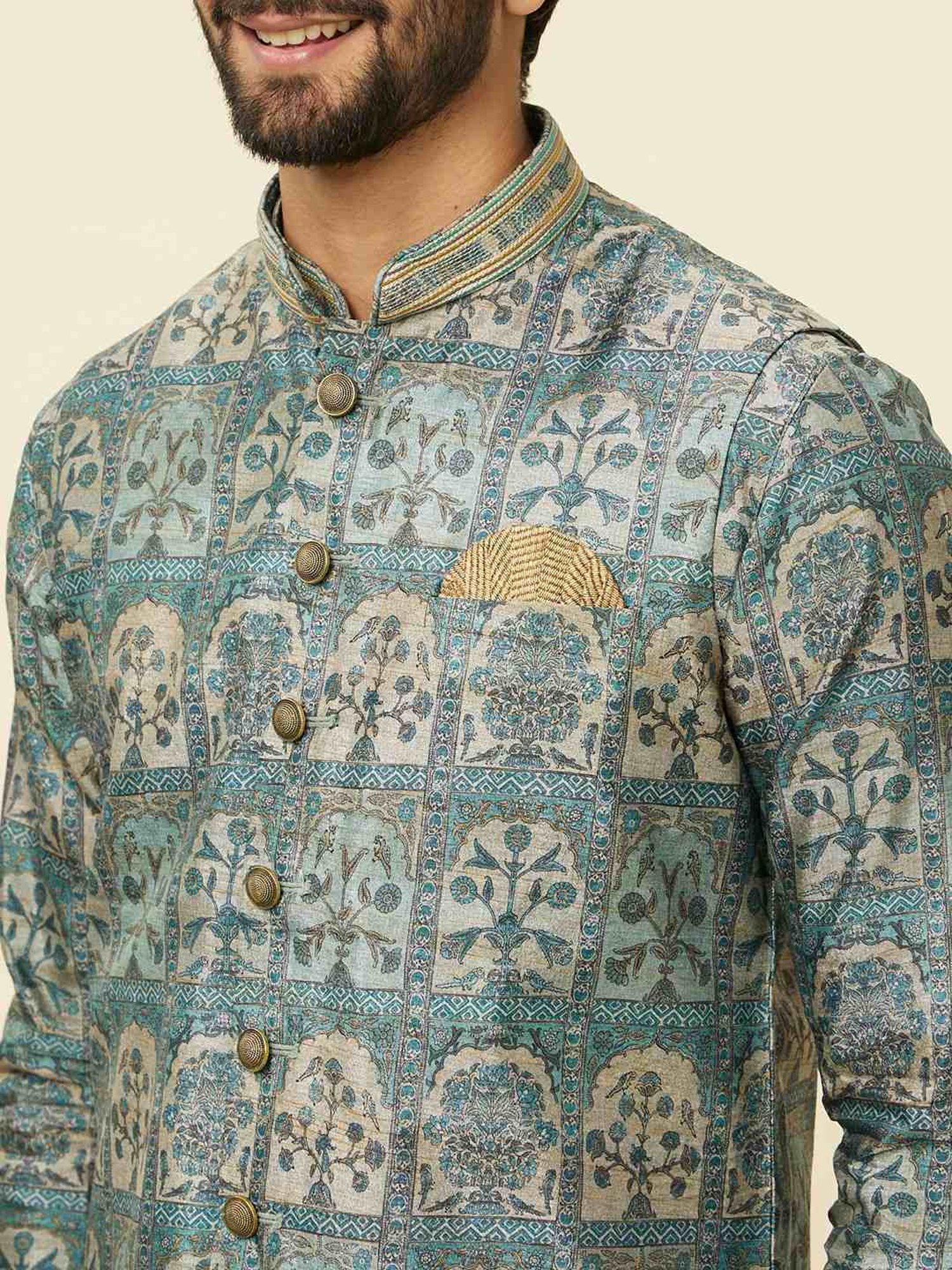 Manyavar Green Regular Fit Printed Nehru Jacket