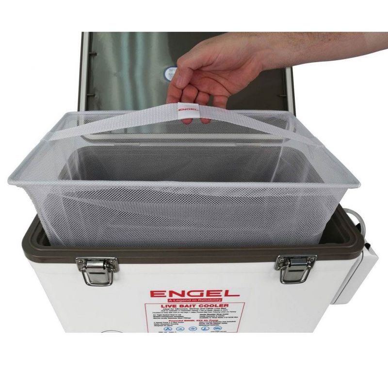 Engel 13 Quart Portable Insulated Live Bait Fishing Dry Box 18 Can Hard Airtight Cooler with Water Speed Aerator Pump and Removable Pull Net, White
