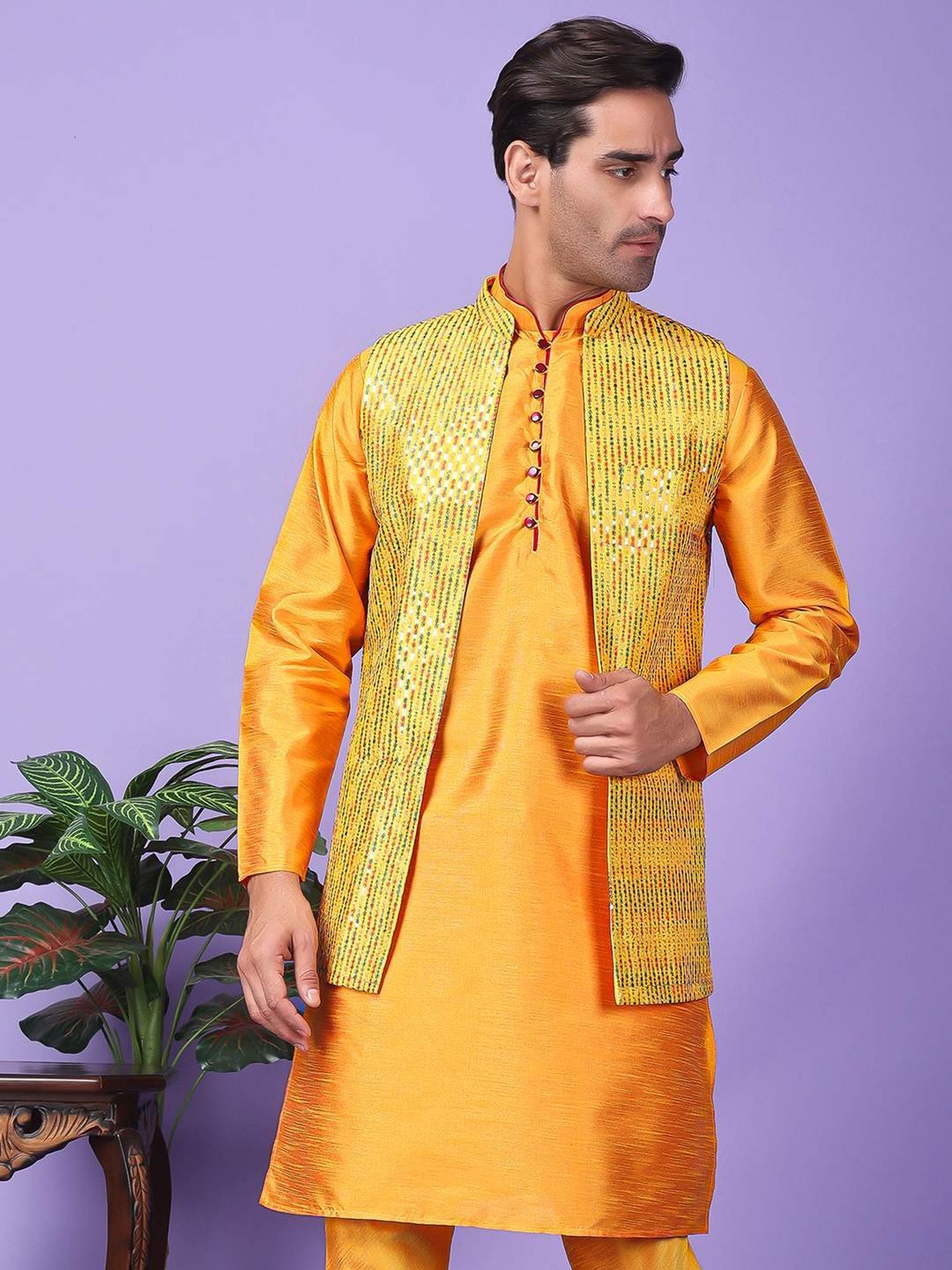 Hangup Yellow Regular Fit Embroidered Nehru Jacket