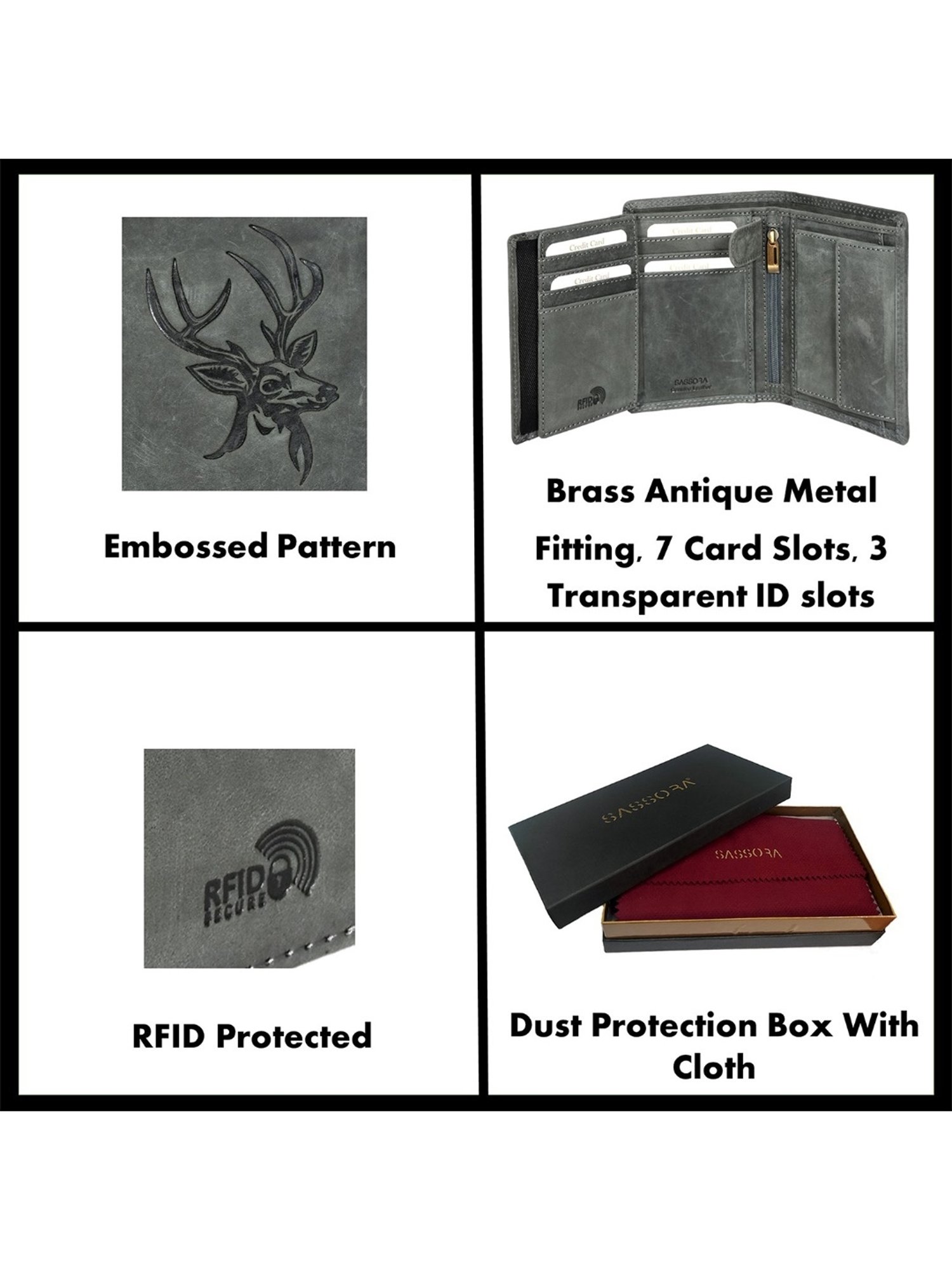 SASSORA ARLO Grey Leather Textured Bi-Fold Wallet