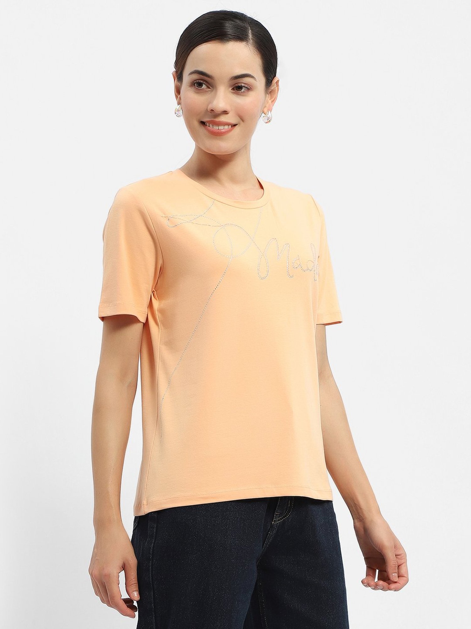 MADAME Peach Cotton Embellished T-Shirt