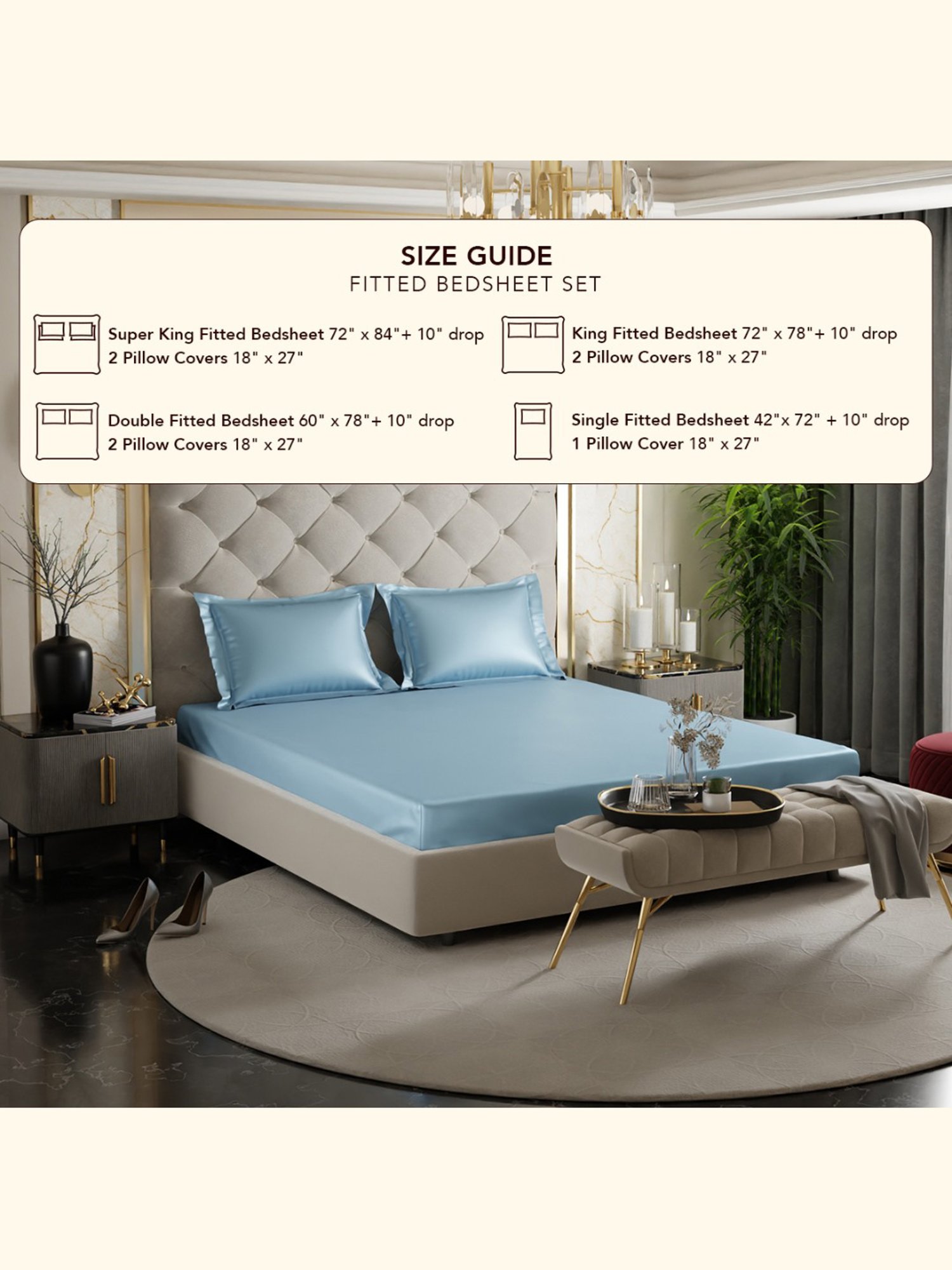 Stoa Paris Blue 300 TC Polyester Super King Fitted Sheet with 2 Pillow Covers