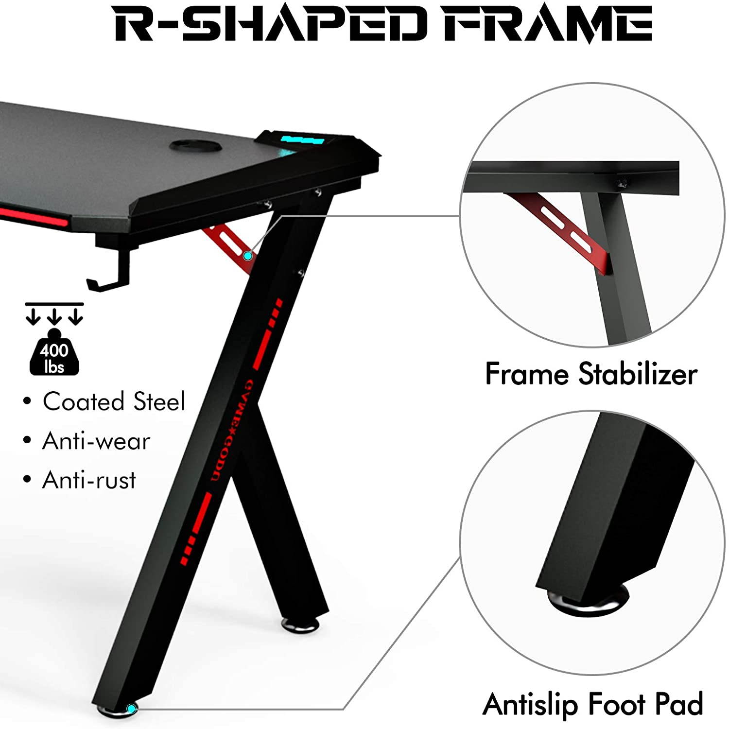 Greatlizard 47 Inch Gaming Desk with Led Lights, PC Gaming Table Computer Workstation with LED RGB Lights, Headphone Hook and Cup Holder for Home, Black