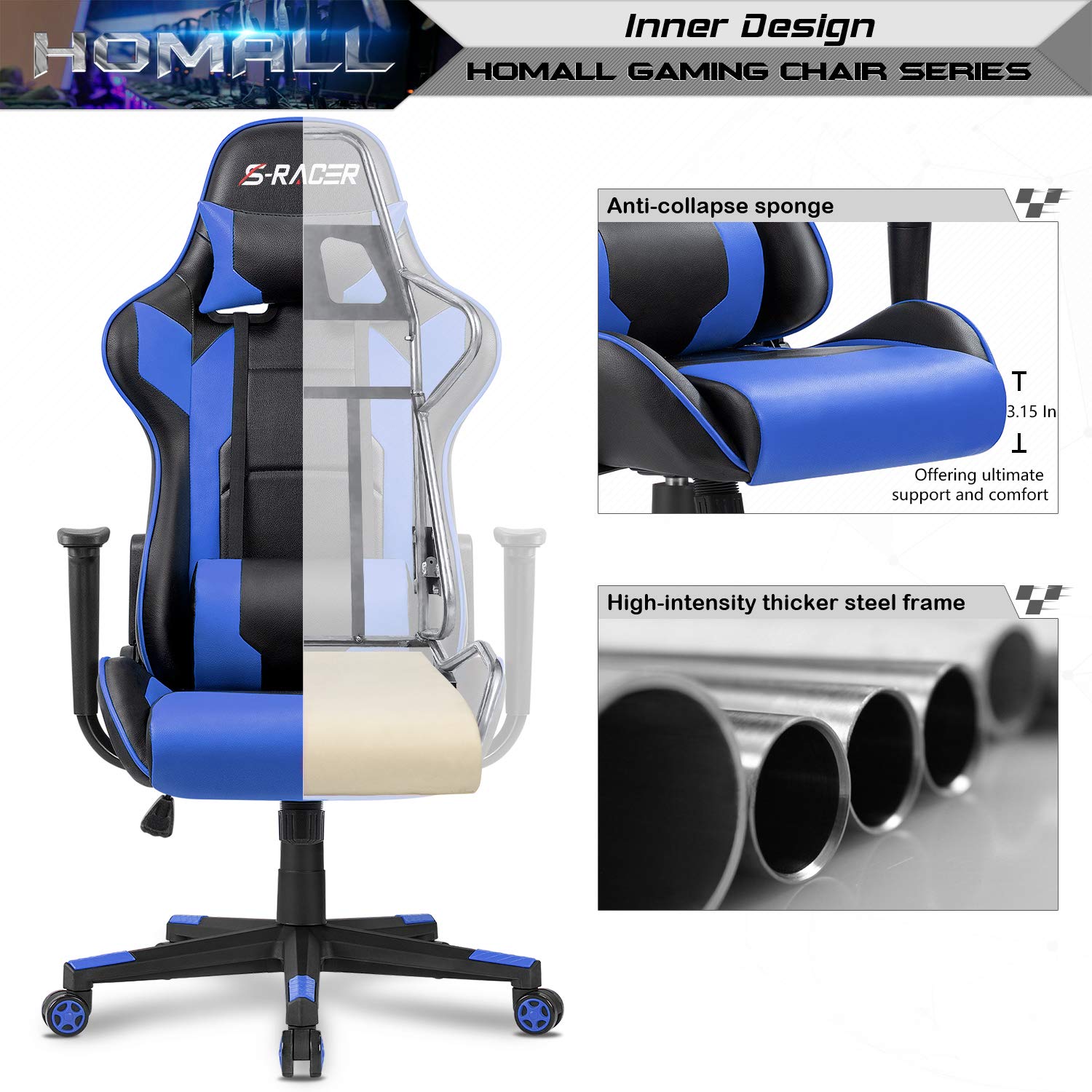 Homall Gaming Chair Office Chair High Back Computer Chair PU Leather Desk Chair Racing Executive Ergonomic Swivel Task Chair, Seat Height Adjustable, with Headrest and Lumbar Support (Blue)
