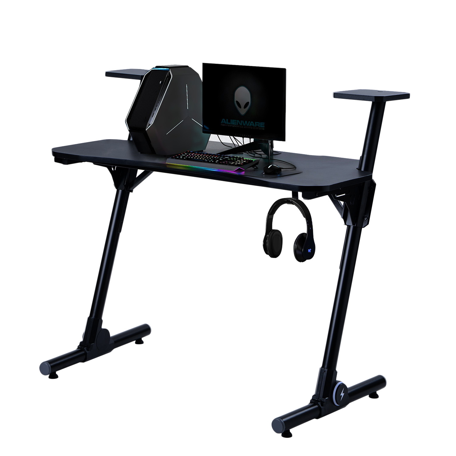 Home Office Gaming Desk/ Computer Desk /Z-Shaped PC Desk Workstation with Carbon Fiber Surface and Headphone Hook,Black