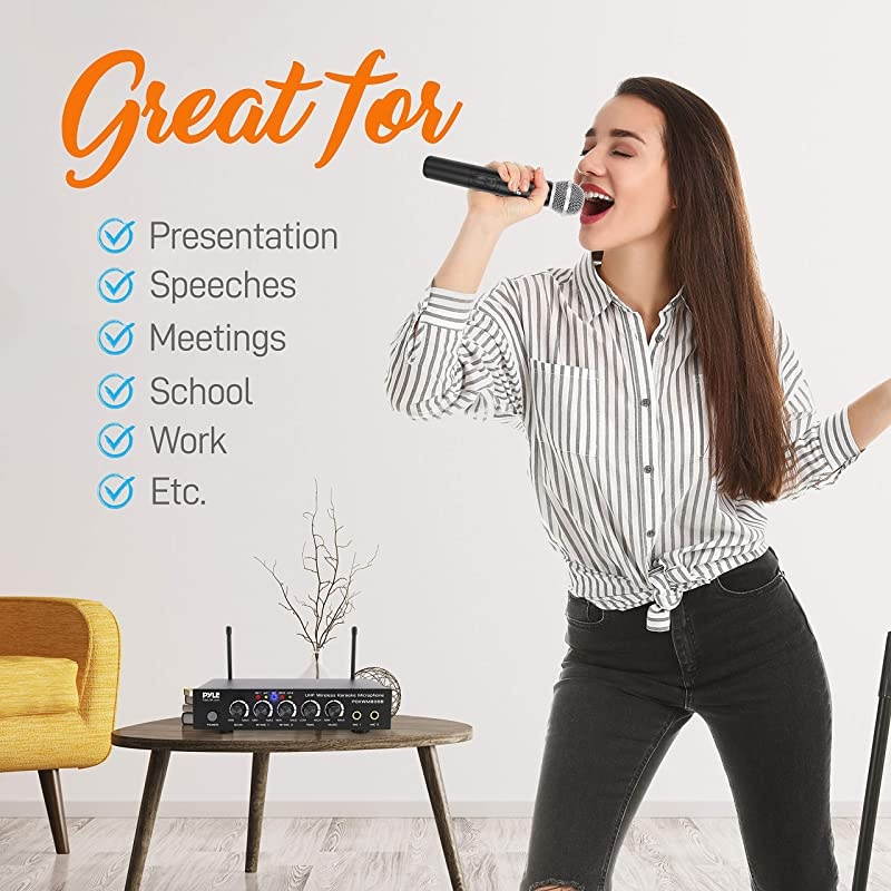 Portable UHF Wireless Microphone System Battery Operated Dual Bluetooth Cordless Microphone Set Includes 2 Handheld Transmitter Mic Mixer Receiver RCA for PA Karaoke DJ Party  PDKWM806B