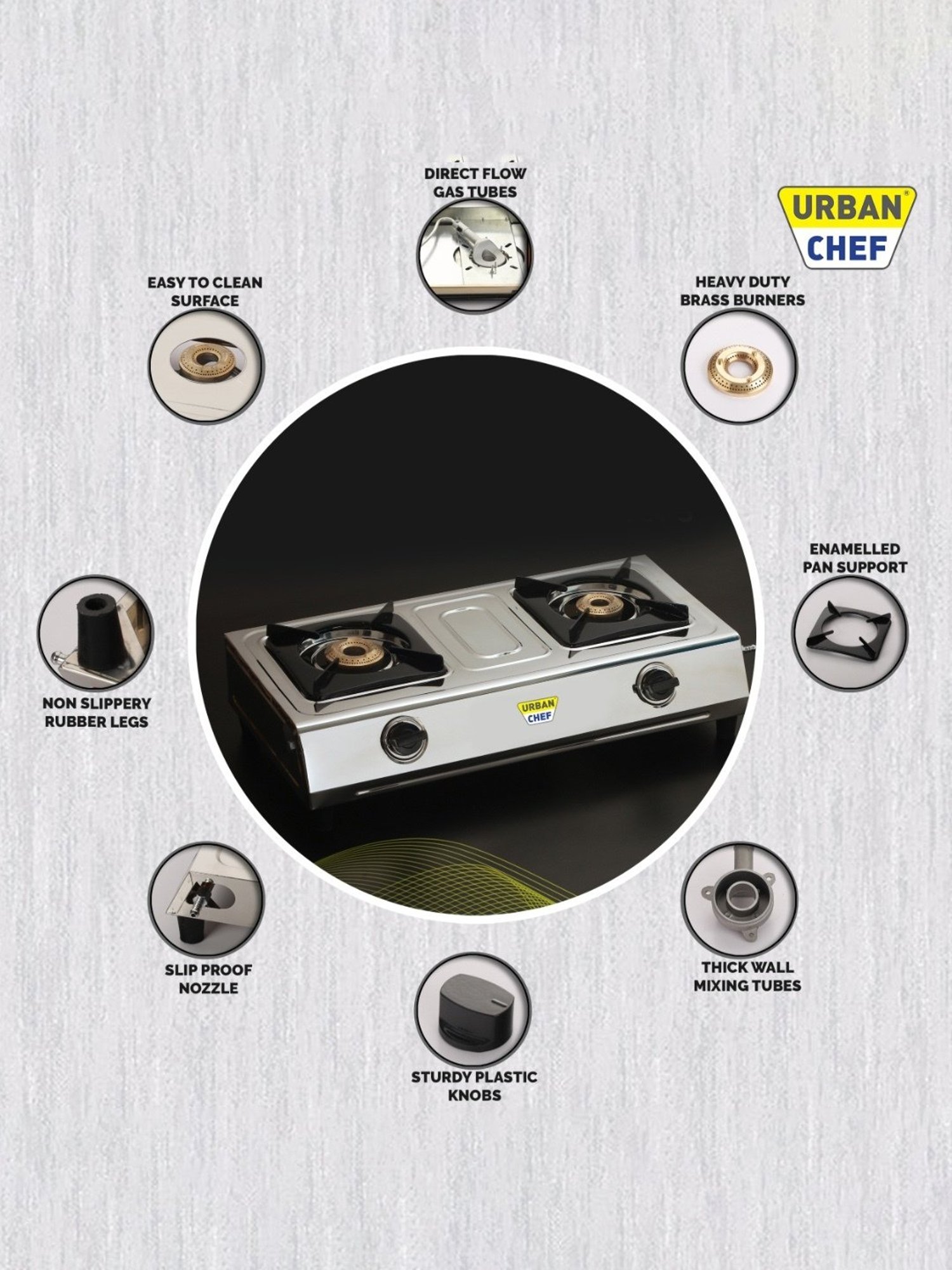 Urban Chef Gas Stove with 2 Burners ( Silver/Black )