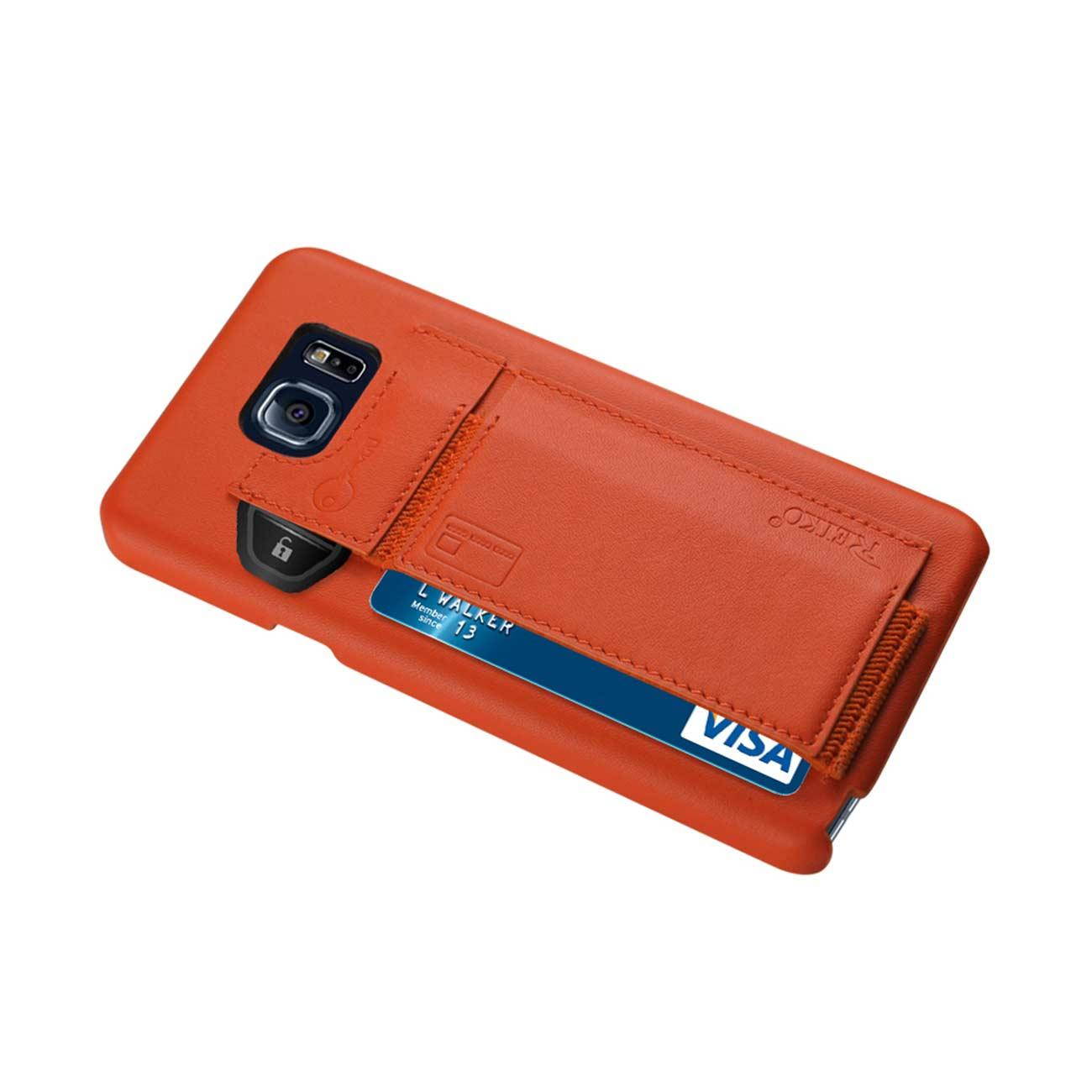 REIKO RFID GENUINE LEATHER CASE PROTECTION FOR GALAXY NOTE 5 AND KEY HOLDER IN TANGERINE