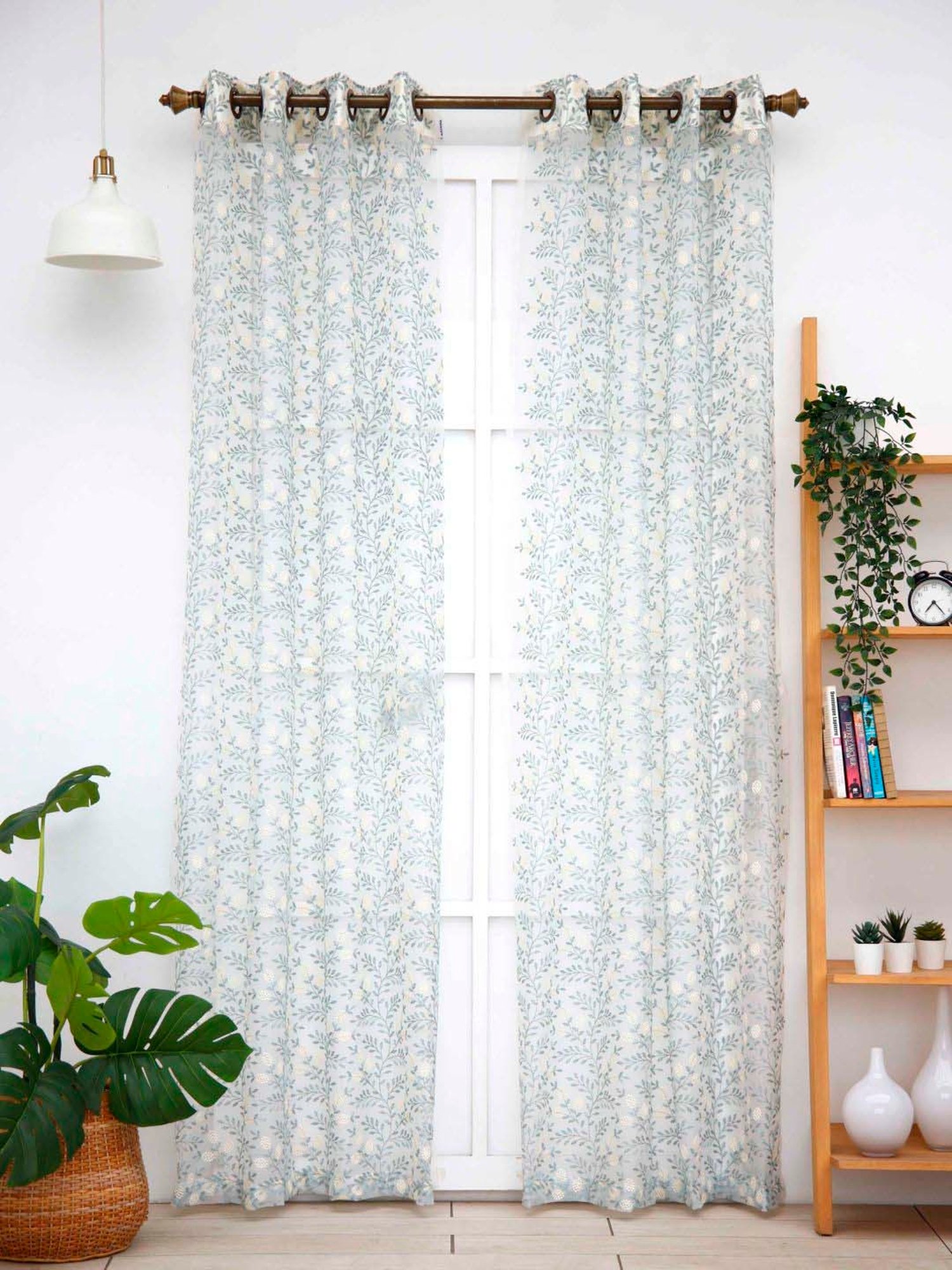 Ariana Rosalie White & Teal Blue Polyester 5 Ft. Window Sheer Curtain
