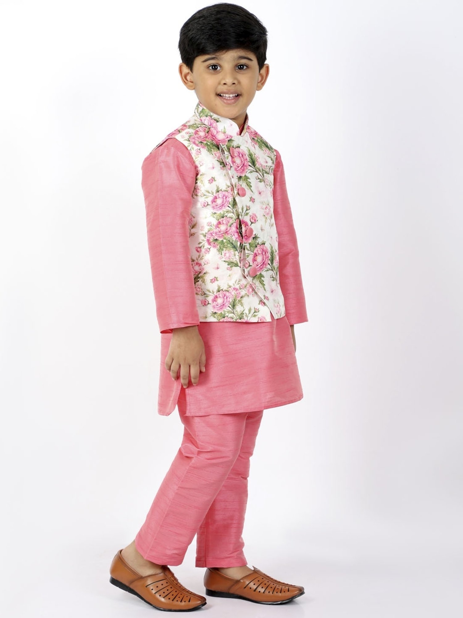 VASTRAMAY Kids Pink & White Floral Print Kurta Set
