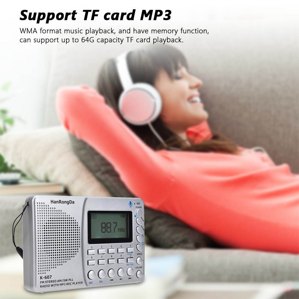 K607 Portable Radio AM/FM/SW/TF Pocket Radio MP3 Digital Recorder Support TF Card USB REC Recorder Sleep Time