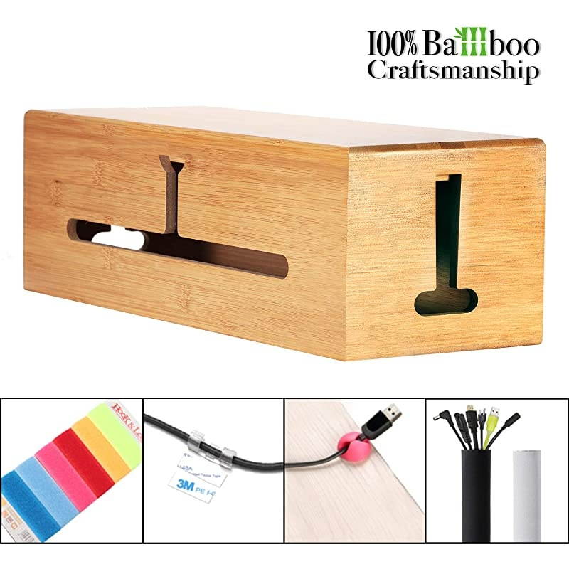 Bamboo Large Cable Box Stylish Cord Organizer Cable Management Box for Cord Hider and Cord Management Cable Organizer Box with Protector Cable Sleeve