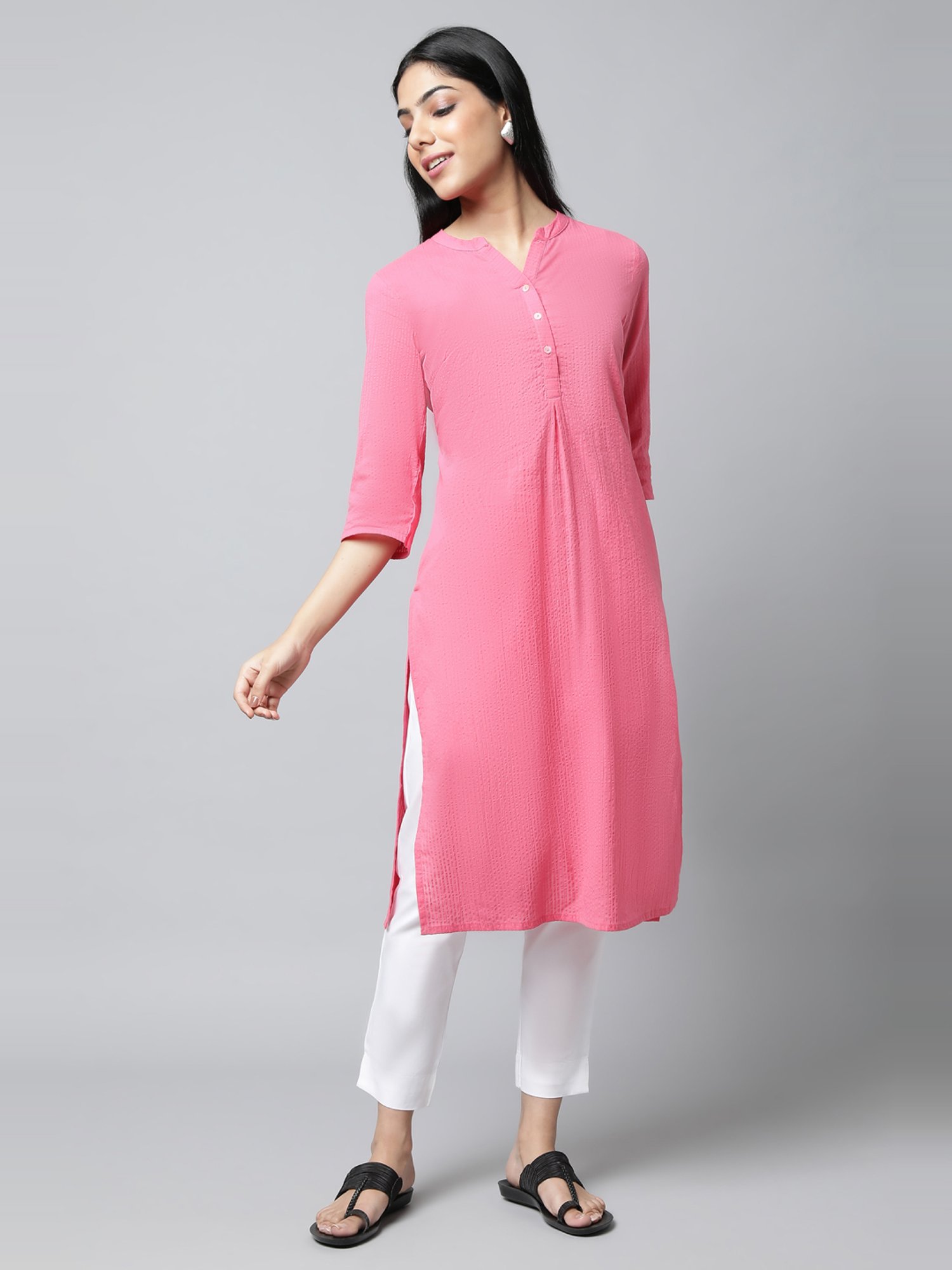 Aurelia Pink & White Cotton Kurta Pant Set