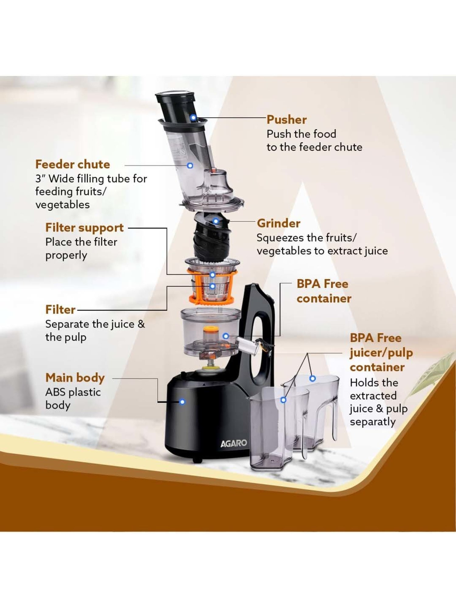 Agaro Royal 240W Slow Juicer with 3 Strainers (Black)