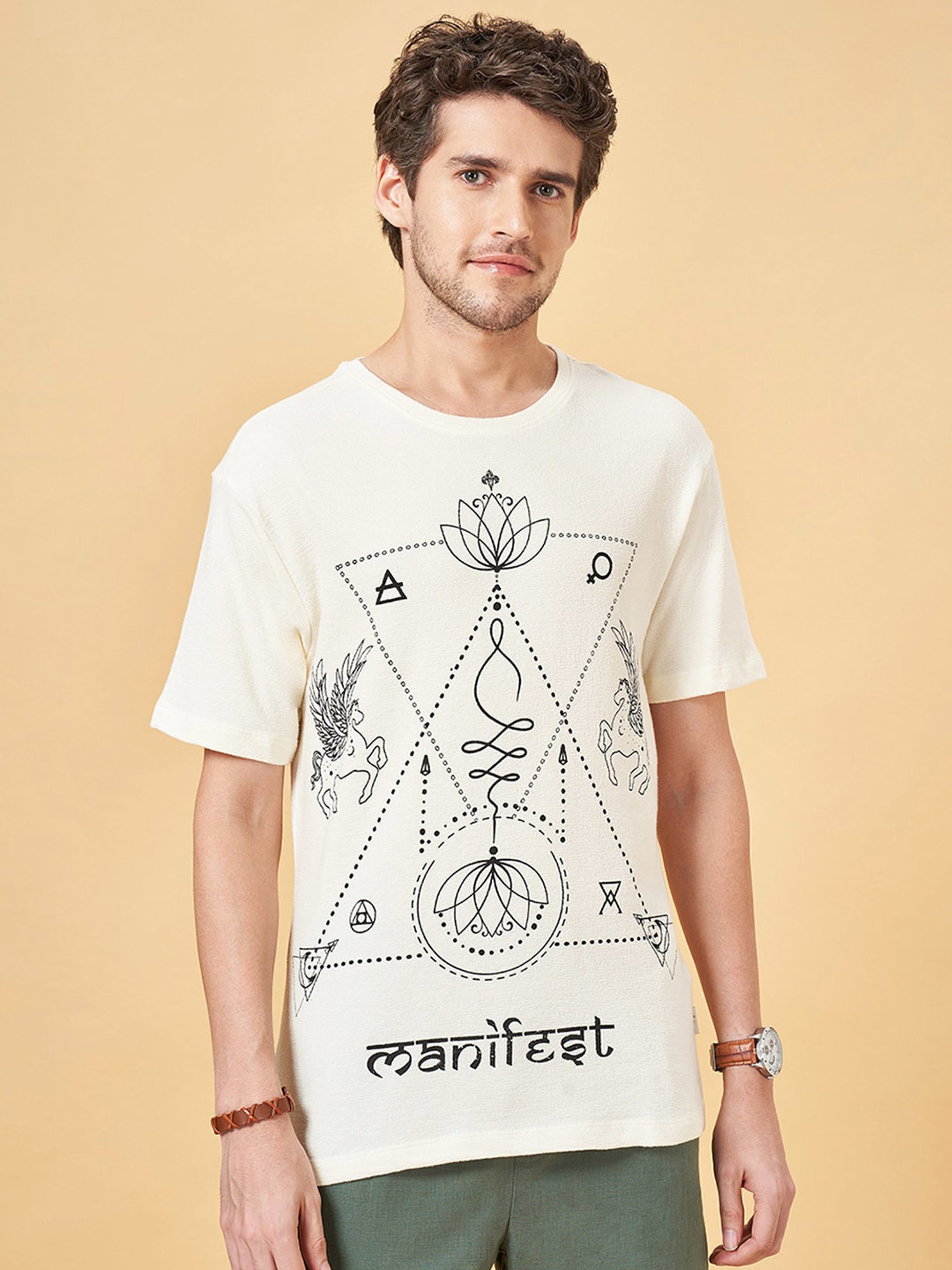 7 Alt by Pantaloons Off White Relaxed Fit Graphic Print T-Shirt