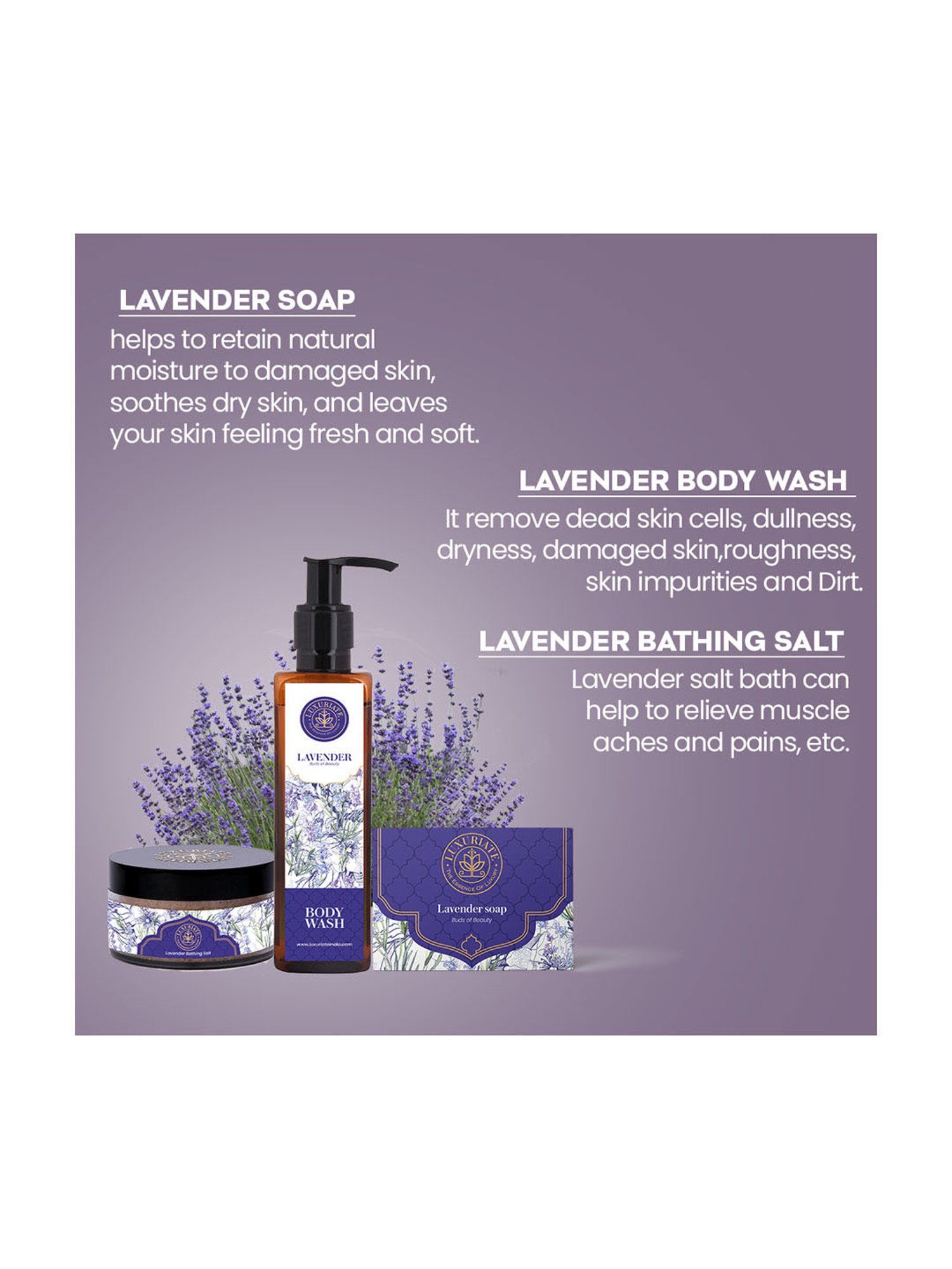 Luxuriate Lavender Bath Salt, Soap and Body Wash Combo