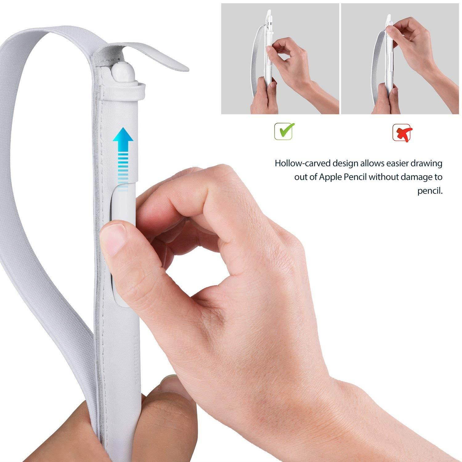 Fullmosa 4 Colors for Apple Pencil Holder, Genuine Litchi Texture Leather Apple Pencil Sleeve with USB pocket Handmade Compatible with iPad Pro 12.9" Cases, White