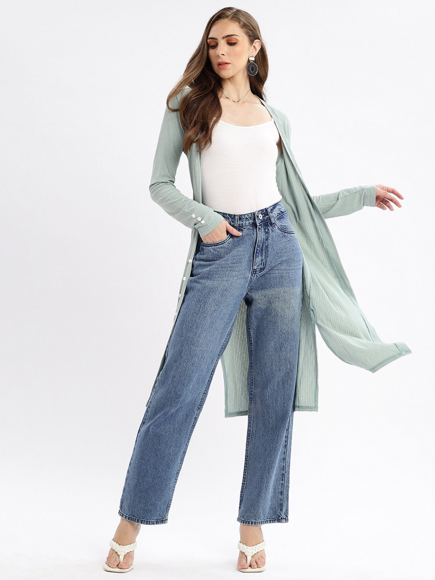 SHOWOFF Sea Green Stripes Long Shrug