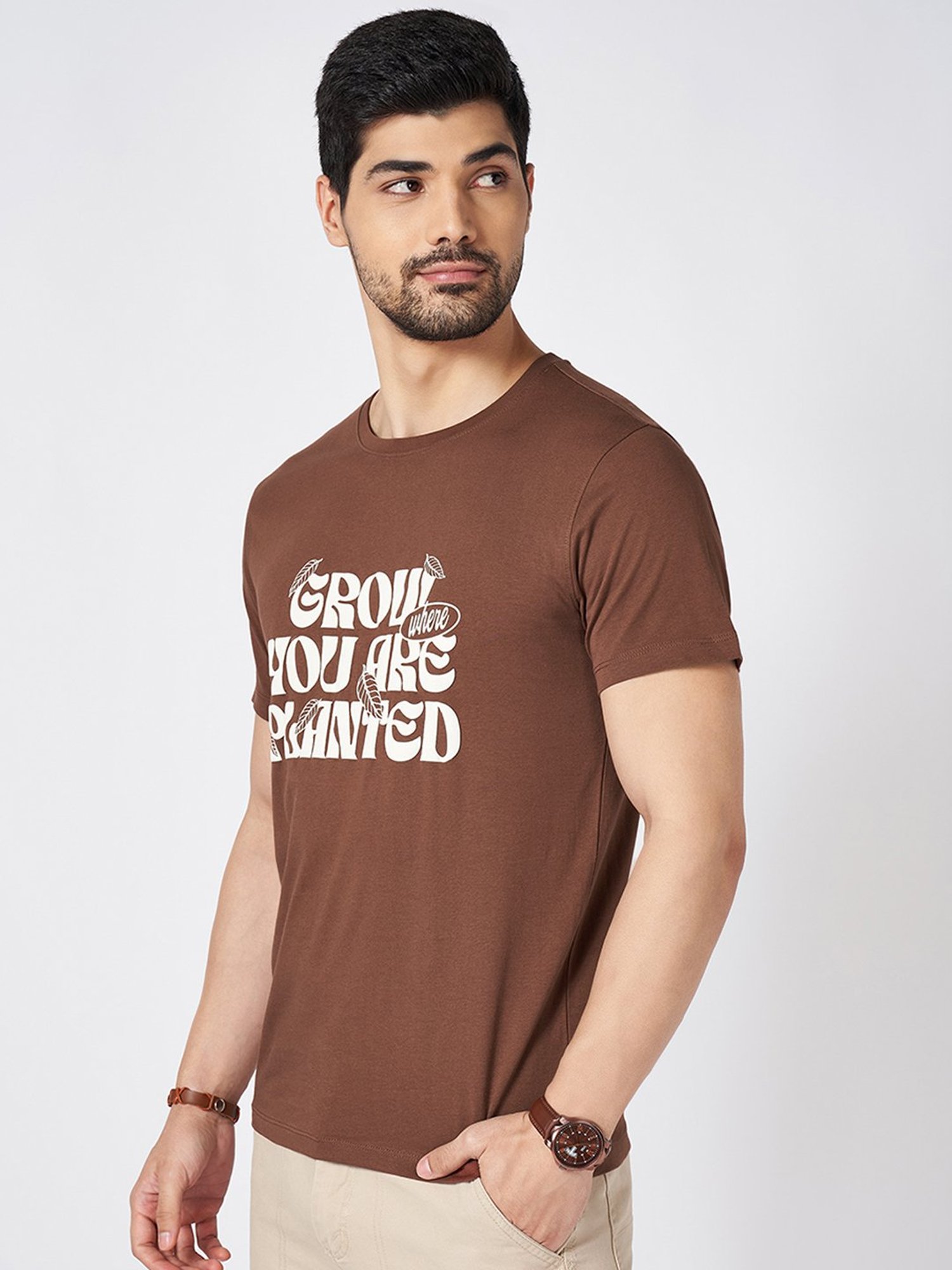 Urban Ranger by Pantaloons Orange Brown Cotton Slim Fit T-Shirt