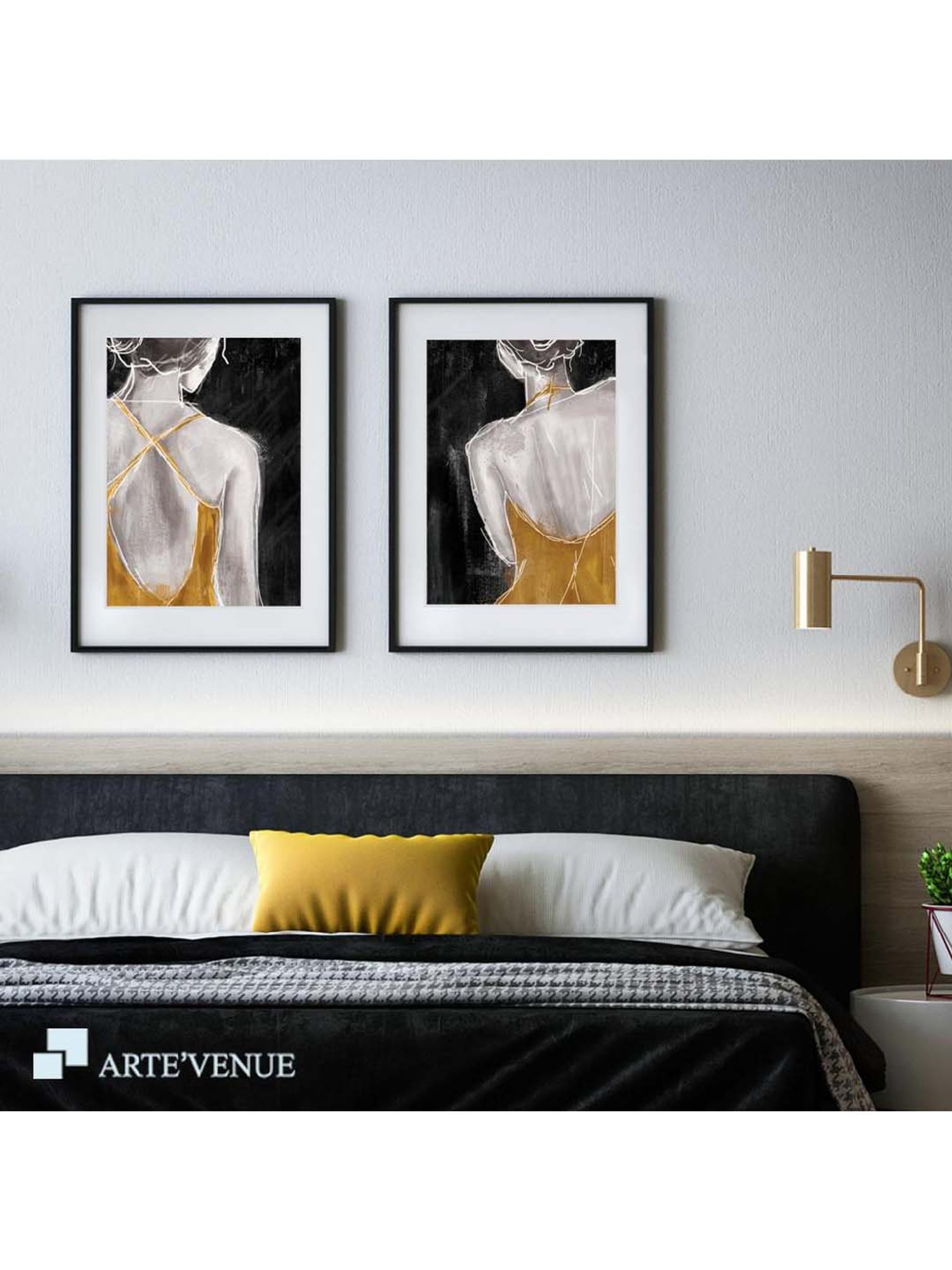 ARTE'VENUE Gold on The Town Black & Yellow Paper Wall Arts - Set of 2 (13 X 16 inch Each)