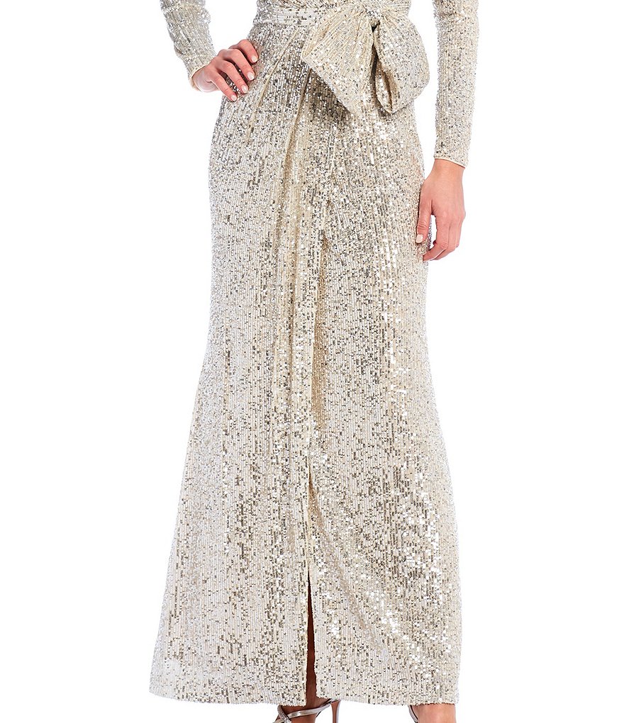 Eliza J Sequined Long Sleeve V-Neck Mesh Bow Waist Gown