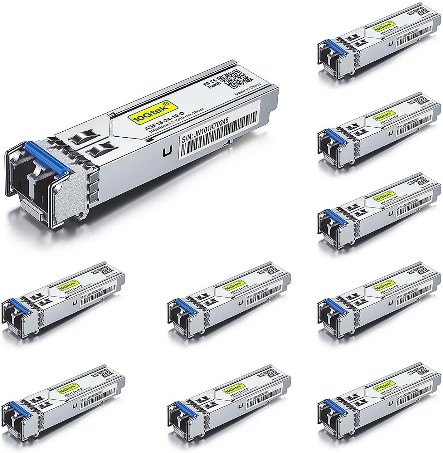 10-PACK 1.25G SFP Transceiver Module 1000Base-LX, Dual LC 1310nm SMF, up to 20 km, for Cisco GLC-LH-SMD, Meraki MA-SFP-1GB-LX10, Ubiquiti, Mikrotik, D-Link, Supermicro, Netgear and More.