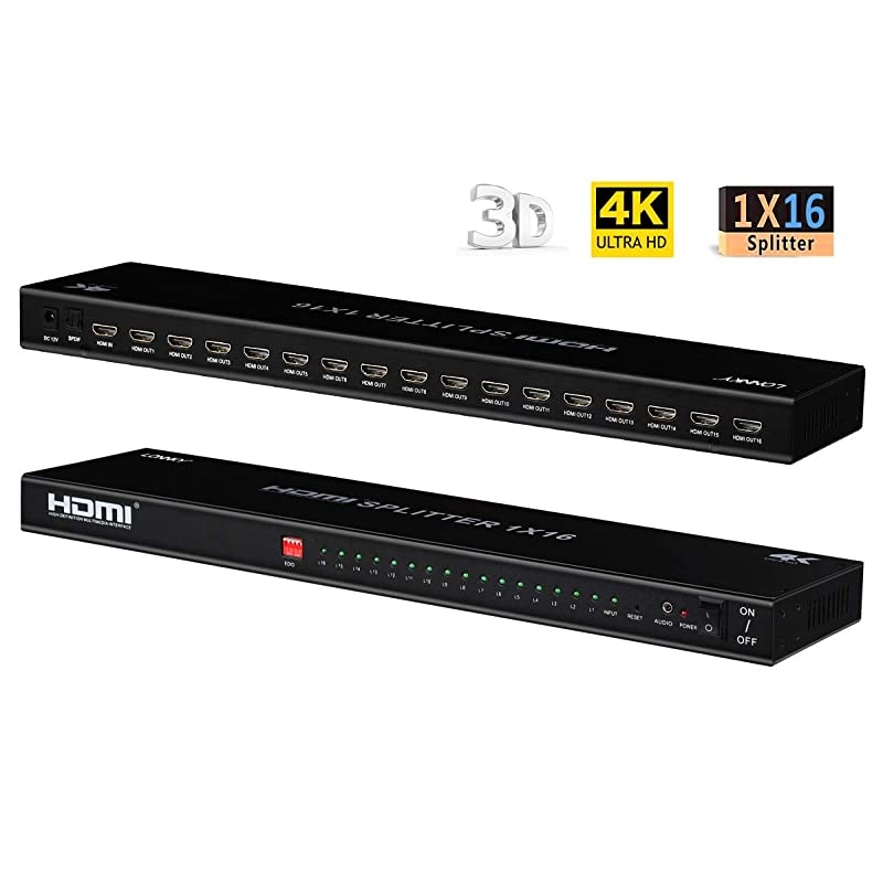 Ultra HD 4K 60HZ 1x16 Rack Mount HDMI Splitter High Resolutions Up to Full Ultra HD 1080P and 3D Compatible with Xbox, PS4 PS3 Fire Stick Blu Ray Apple TV HDTV 16 Ports (1 In 16 Out)