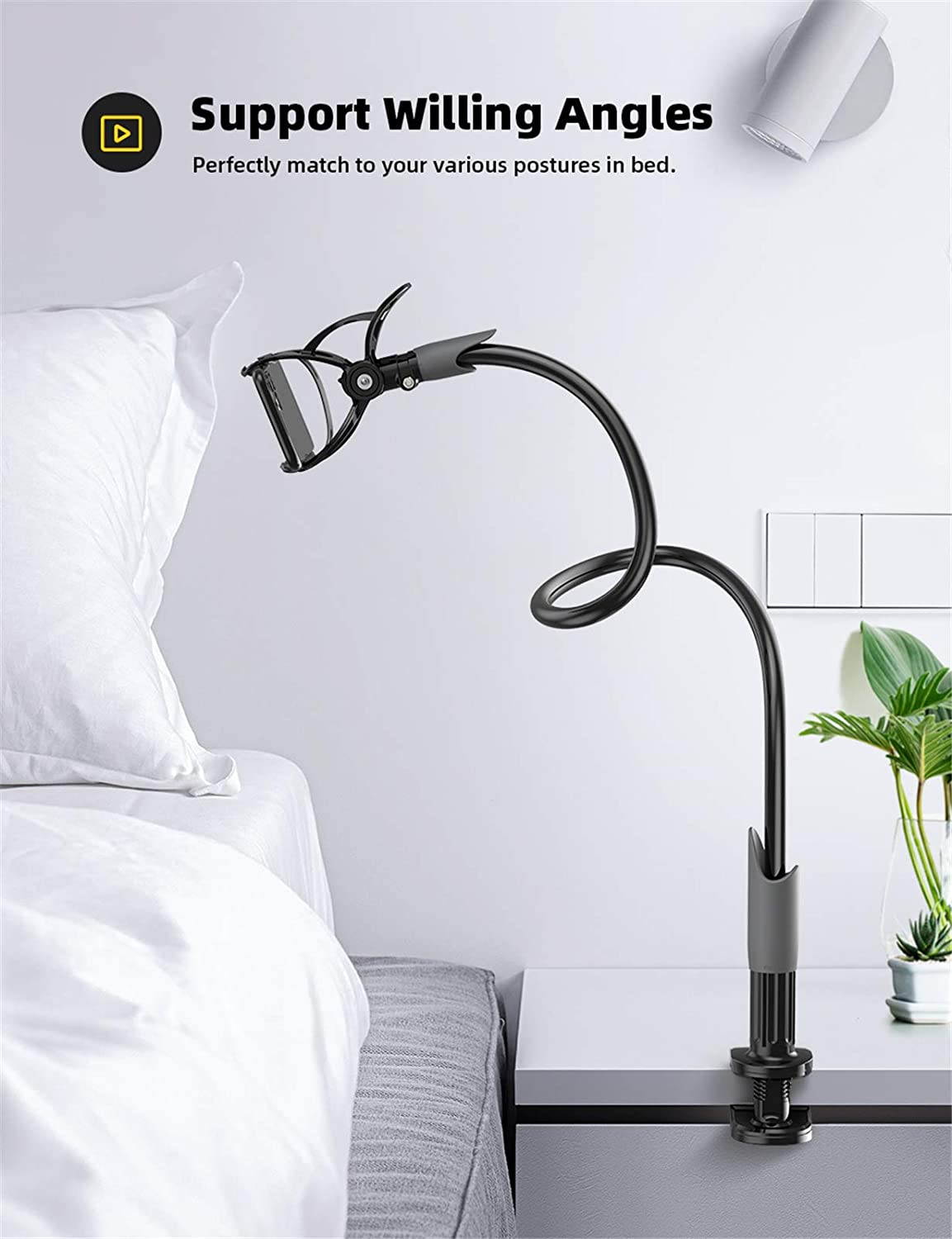 Phone Holder Bed Gooseneck Mount - Cell Phone Clamp Clip for Desk, Flexible Lazy Long Arm Headboard Bedside, Overhead Mount Stand, Compatible with Phone 12 Mini 11 Pro Xs Max XR X 8 7 6 Plus
